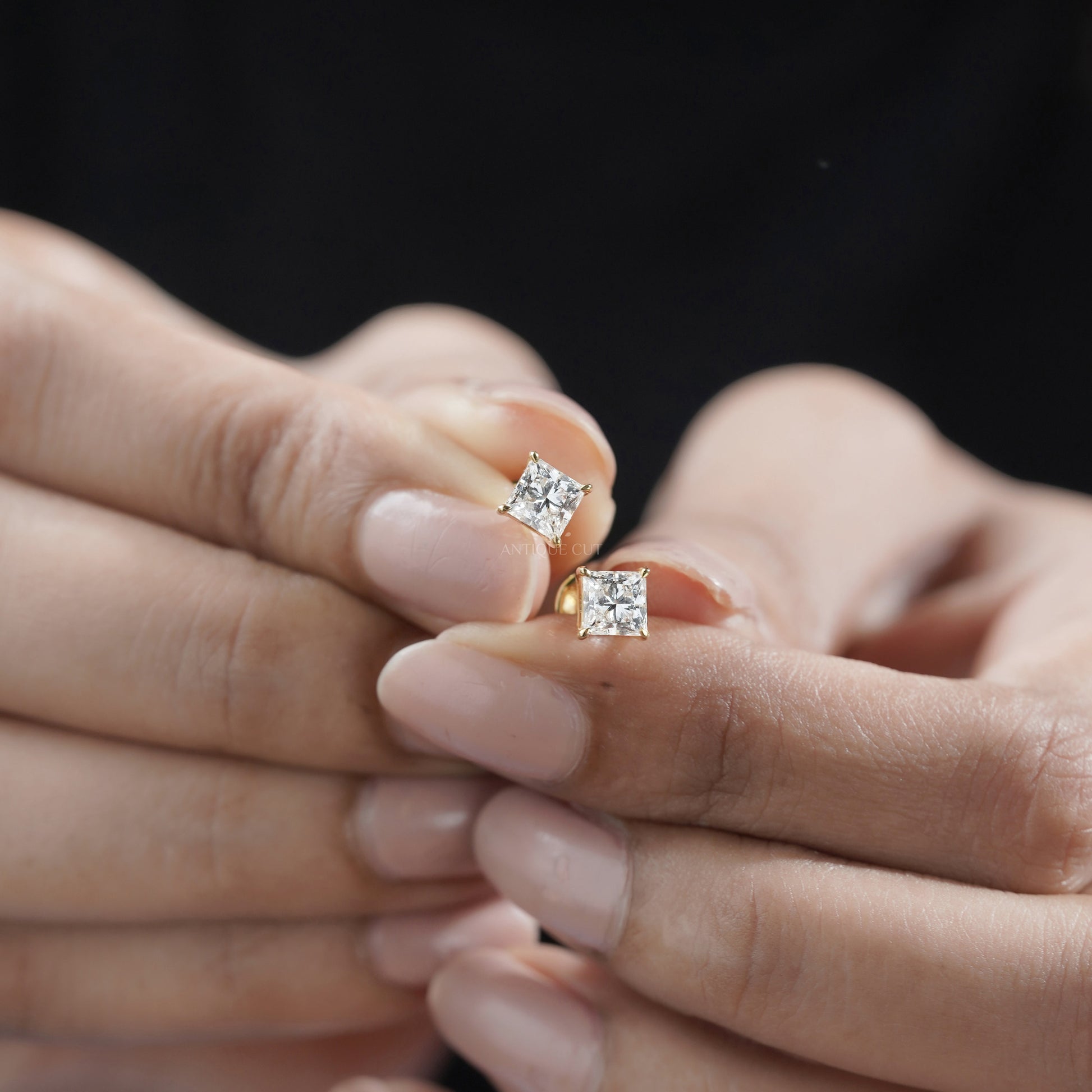 1.50tcw Princess Cut Lab Grown Diamond Stud Earrings | Yellow Gold | IGI Certified