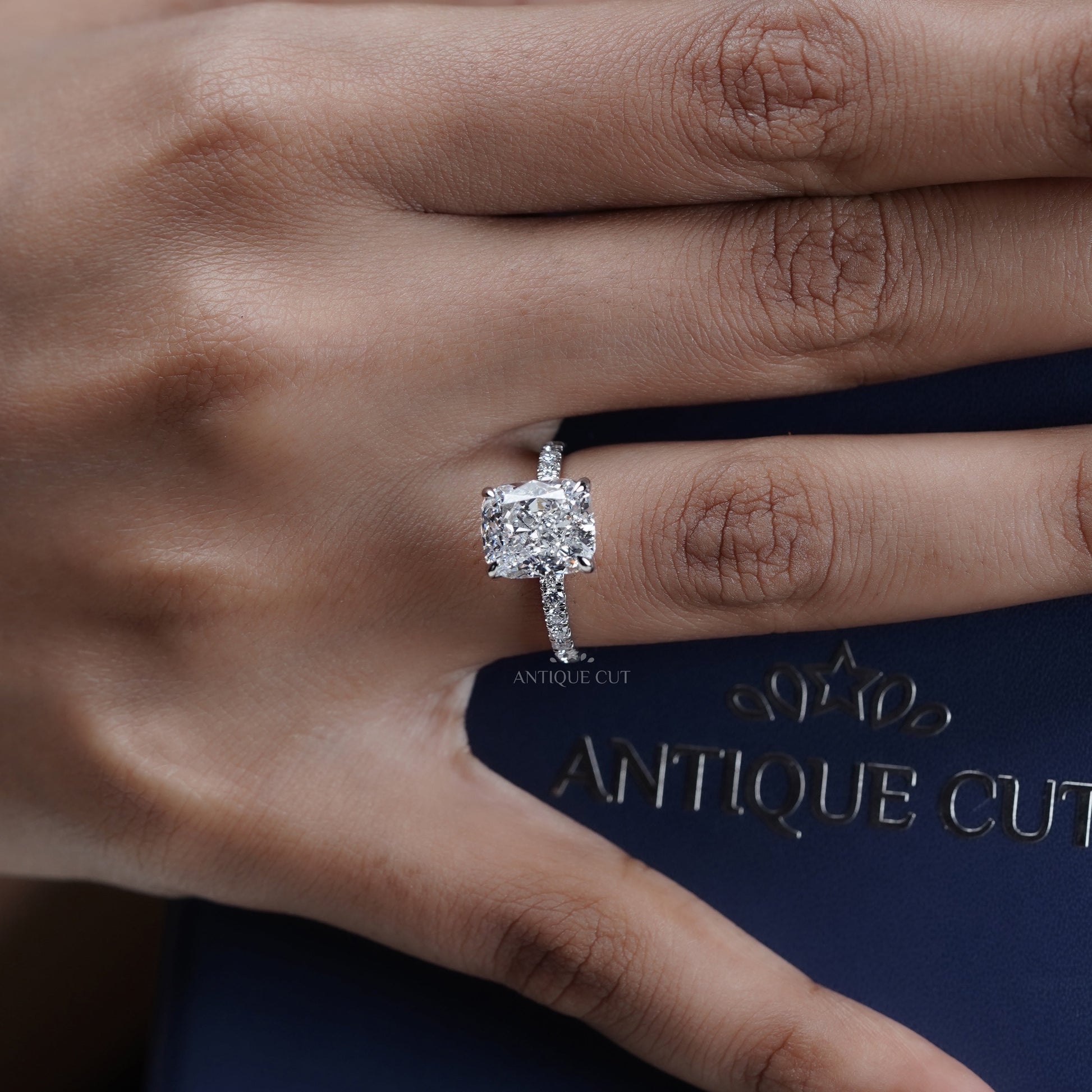 Cushion 4.90tcw Lab Diamond Engagement Ring | Pavé Band | IGI Certified | White Gold