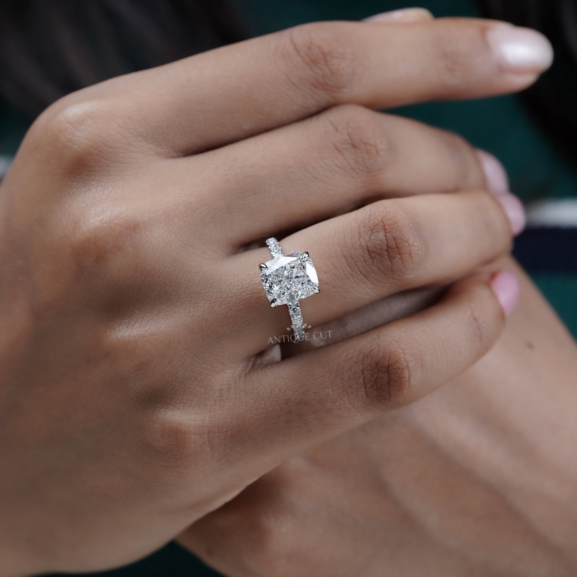 Cushion 4.90tcw Lab Diamond Engagement Ring | Pavé Band | IGI Certified | White Gold