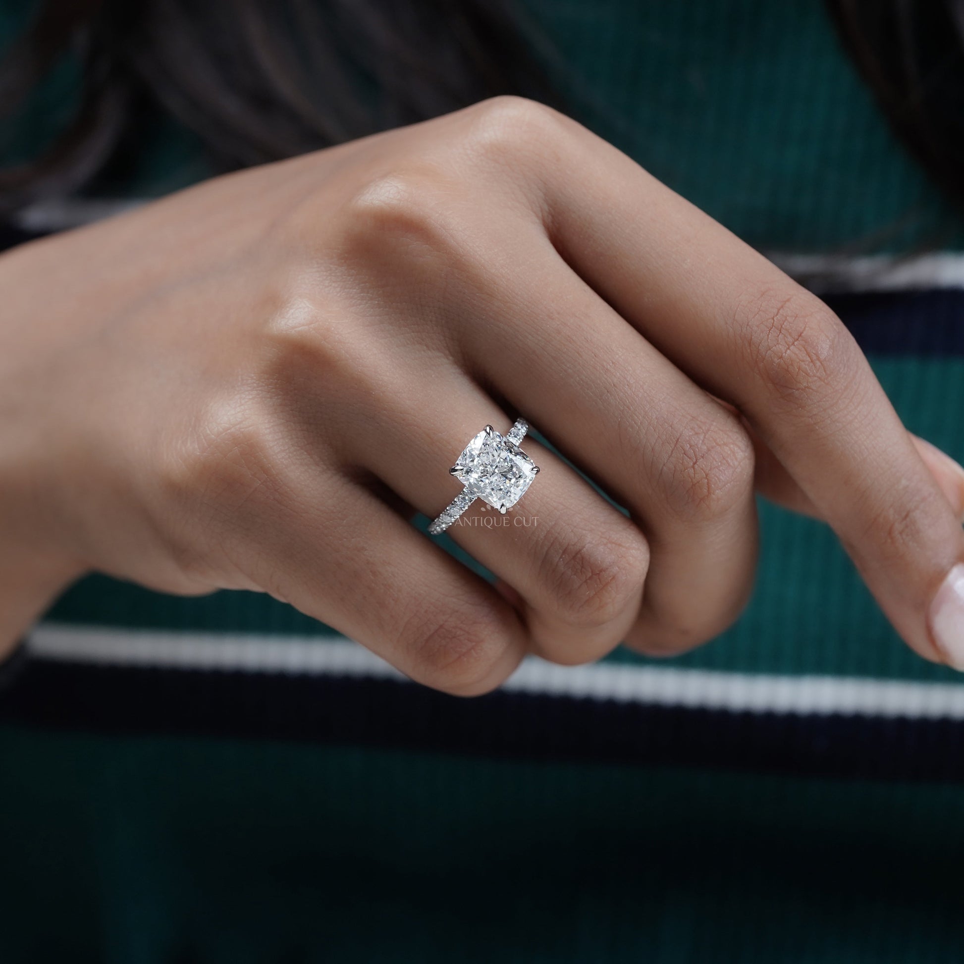 Cushion 4.90tcw Lab Diamond Engagement Ring | Pavé Band | IGI Certified | White Gold