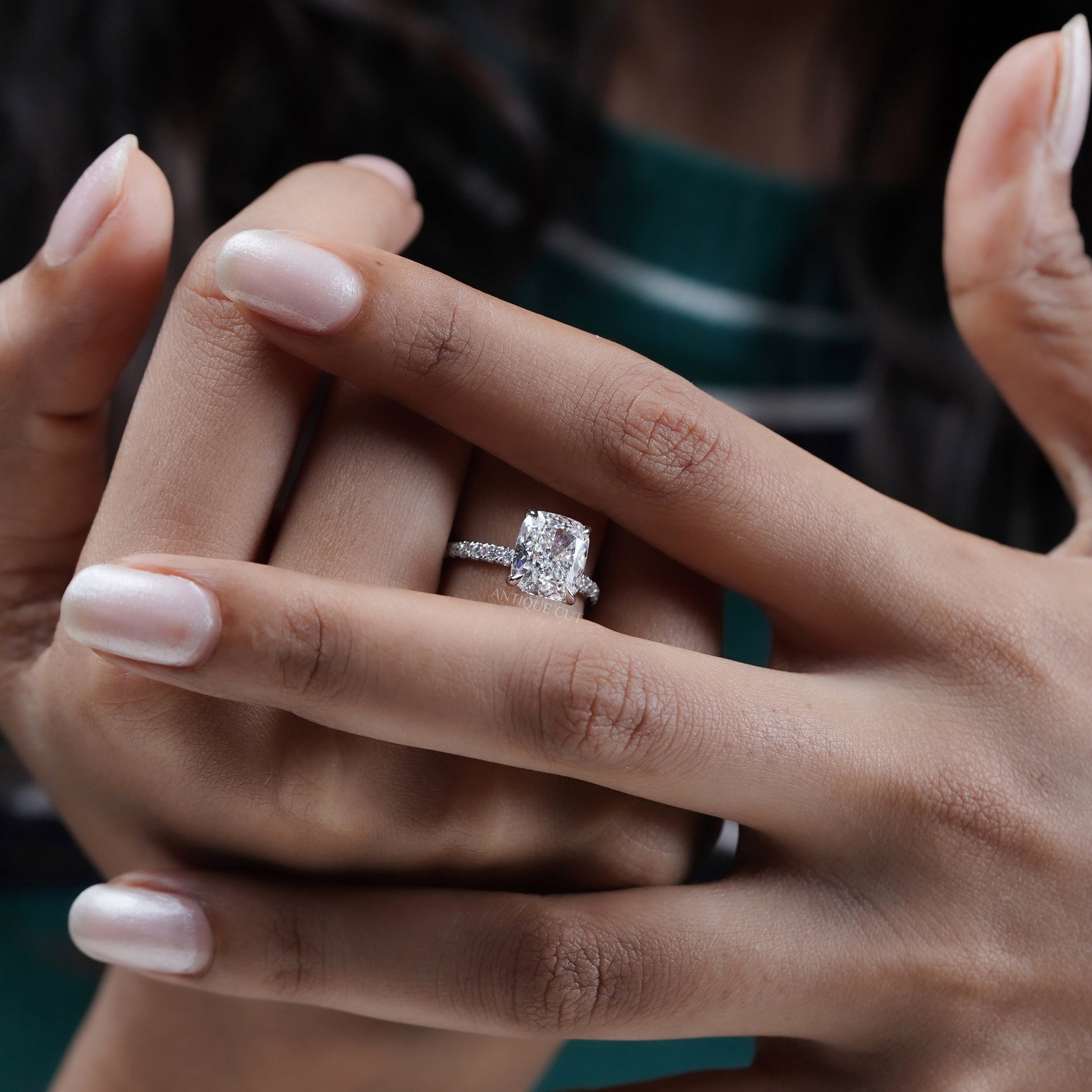 Cushion 4.90tcw Lab Diamond Engagement Ring | Pavé Band | IGI Certified | White Gold