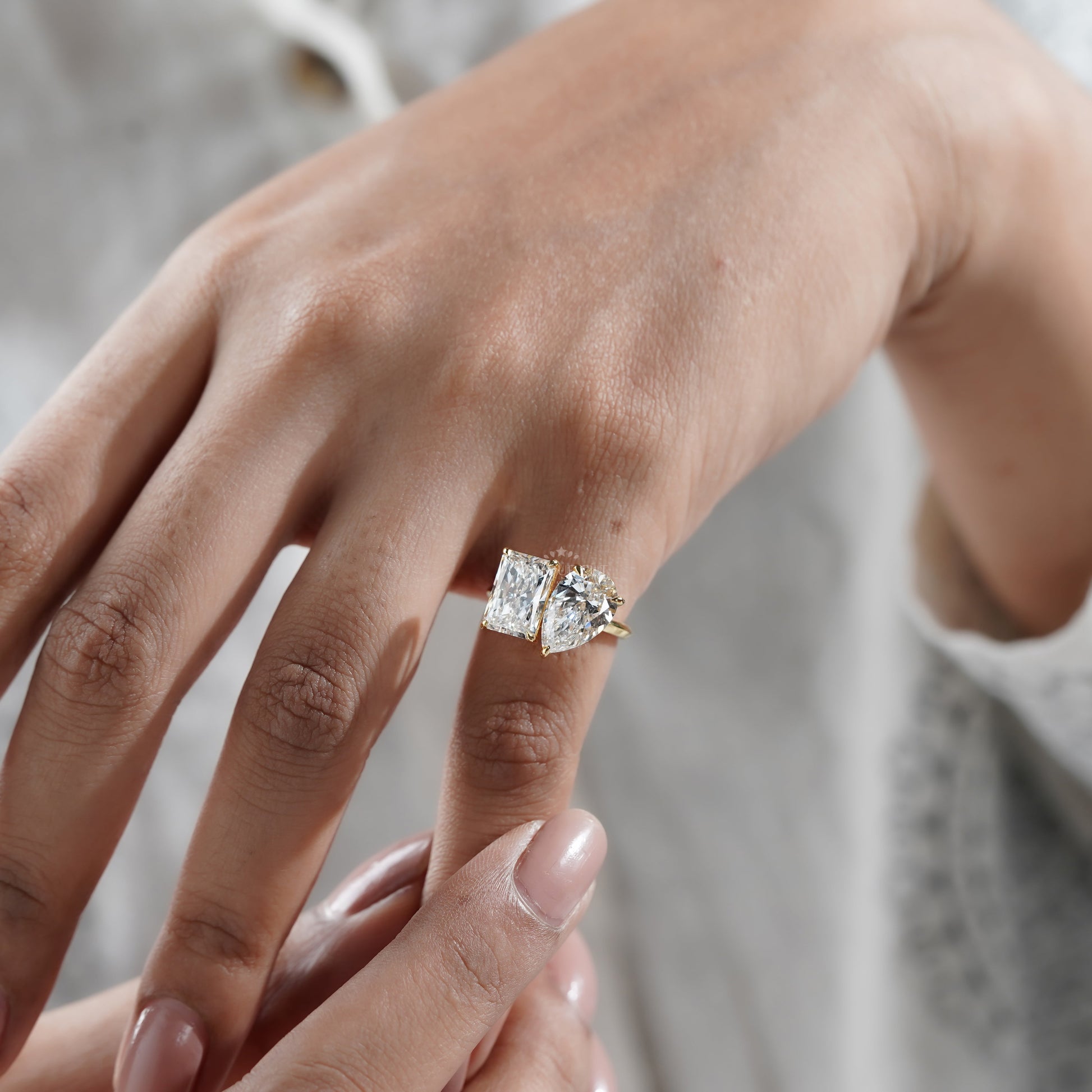 Pear & Radiant 5.30tcw Lab Grown Diamond Toi et Moi Engagement Ring | Yellow Gold | IGI Certified