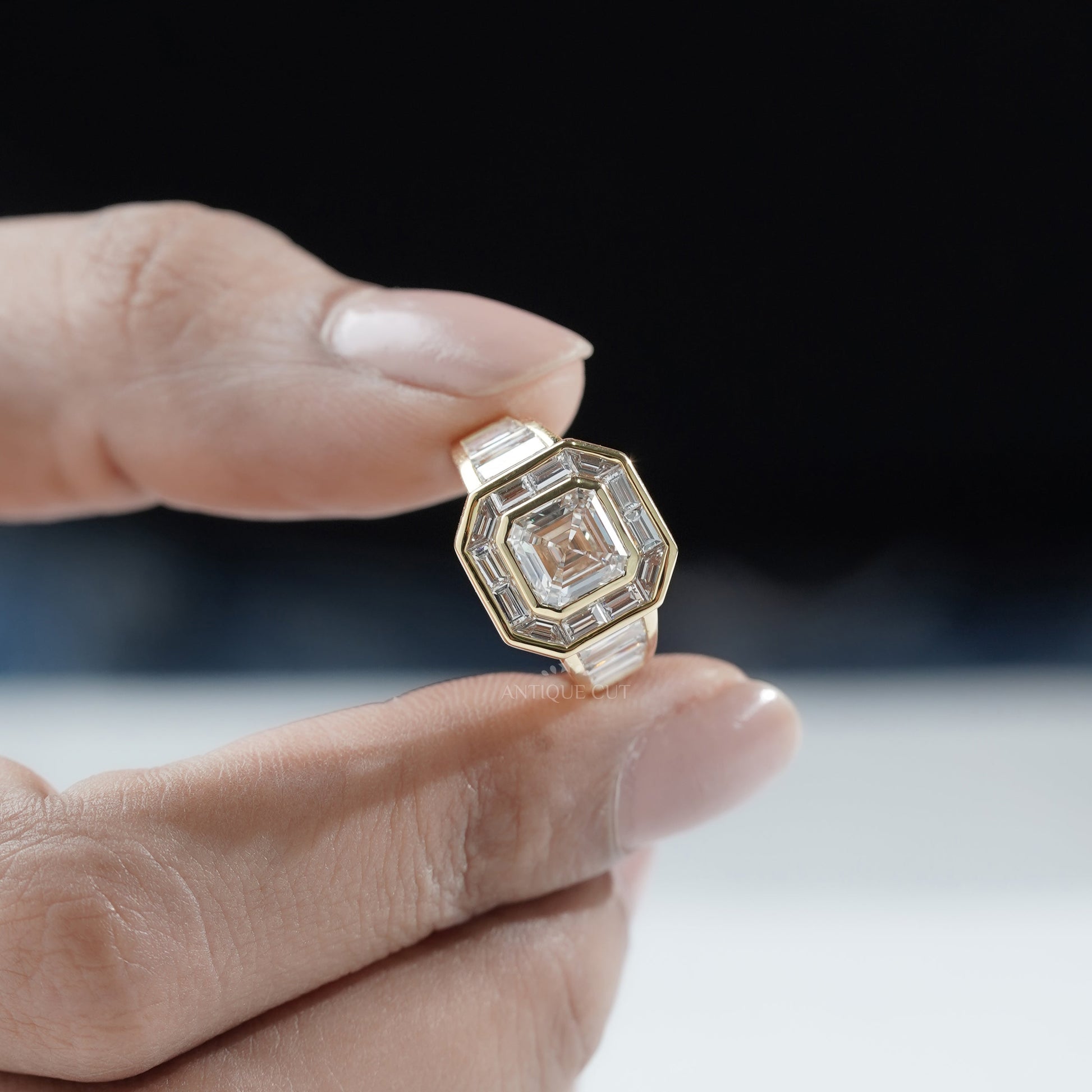 Asscher Cut 3.60ct Lab Grown Diamond Halo Engagement Ring | Baguette Side Stones in Yellow Gold | IGI Certified