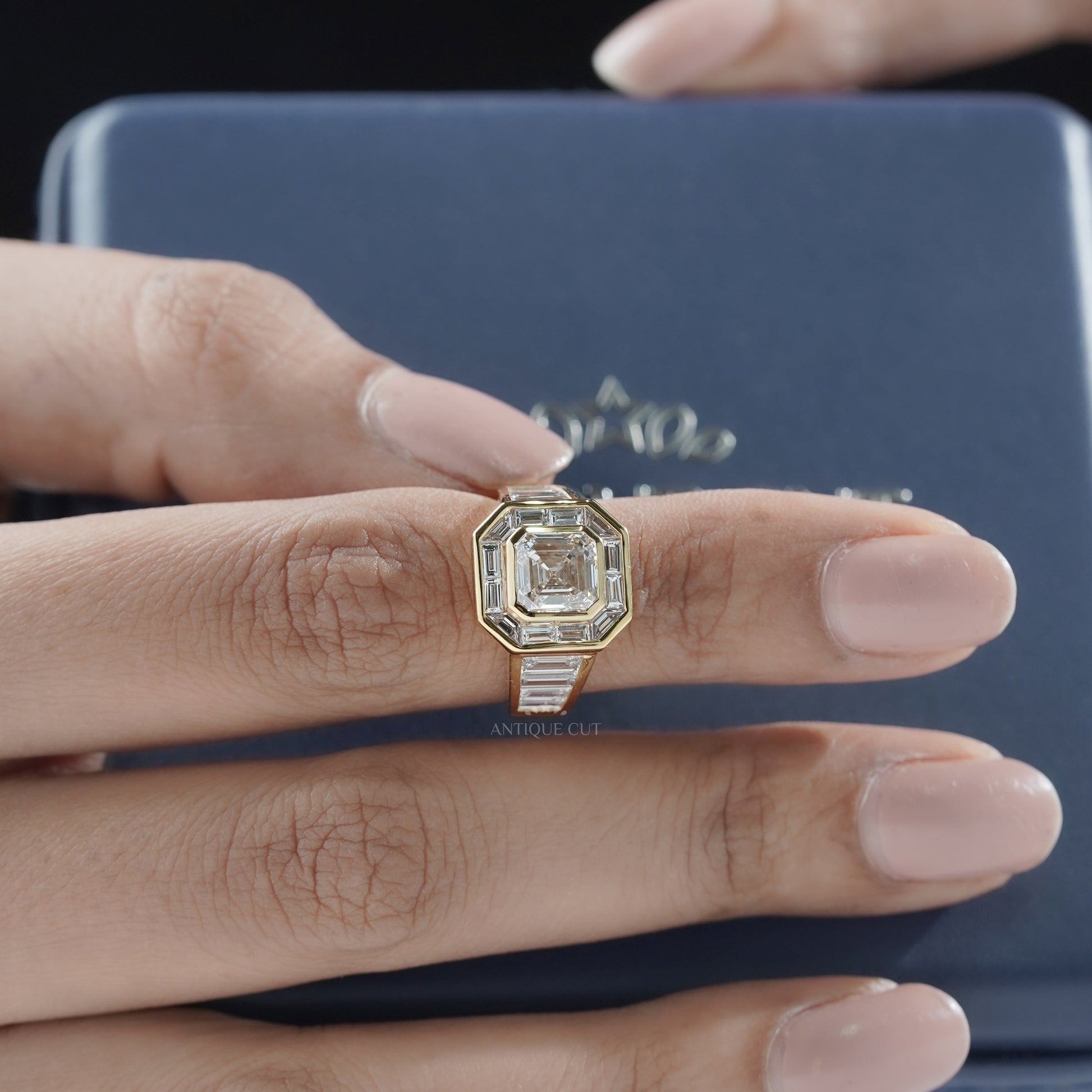 Asscher Cut 3.60ct Lab Grown Diamond Halo Engagement Ring | Baguette Side Stones in Yellow Gold | IGI Certified