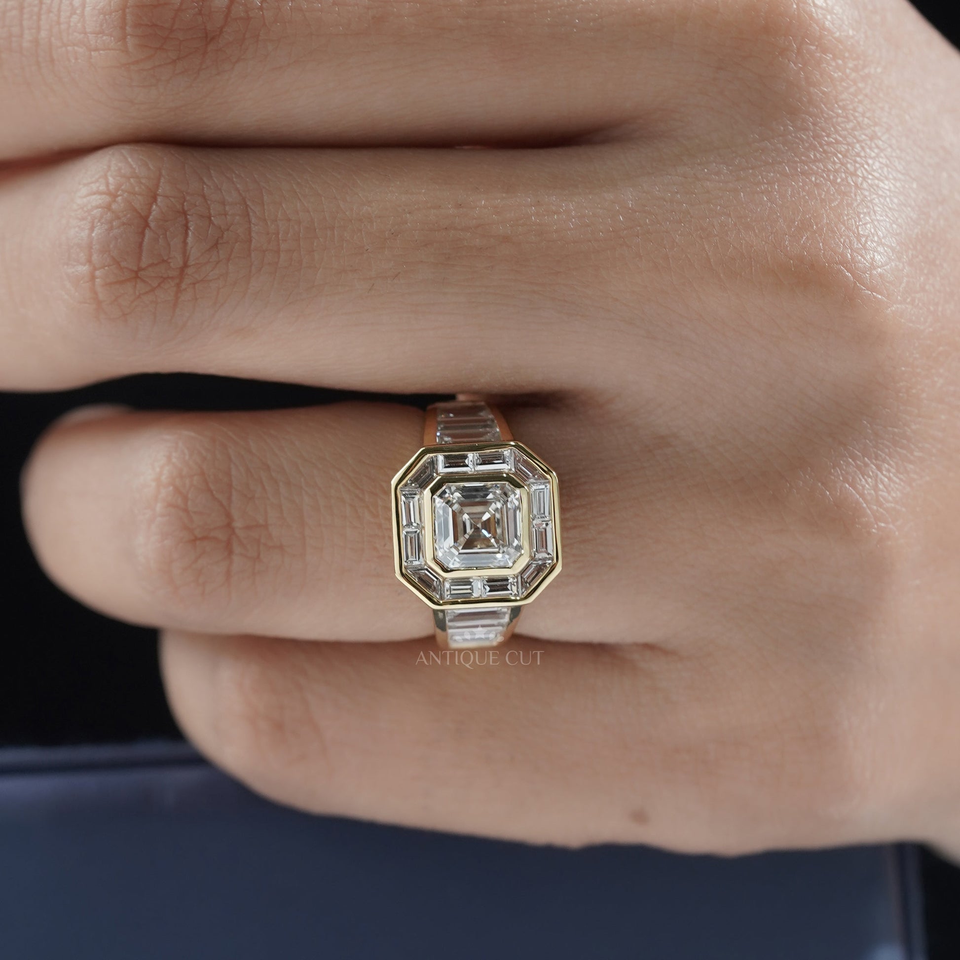 Asscher Cut 3.60ct Lab Grown Diamond Halo Engagement Ring | Baguette Side Stones in Yellow Gold | IGI Certified