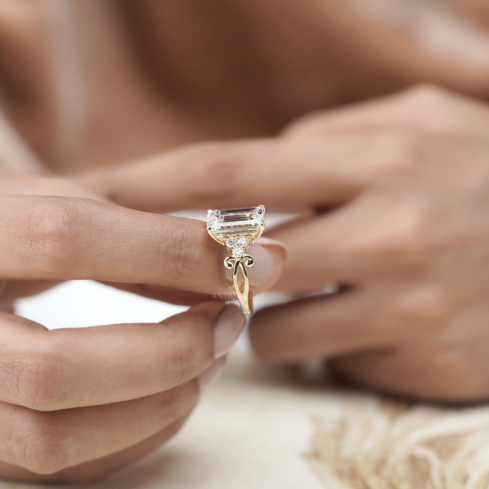 Emerald 5.30tcw Lab Grown Diamond Engagement Ring | Yellow Gold Fleur-de-Lis Setting | IGI Certified