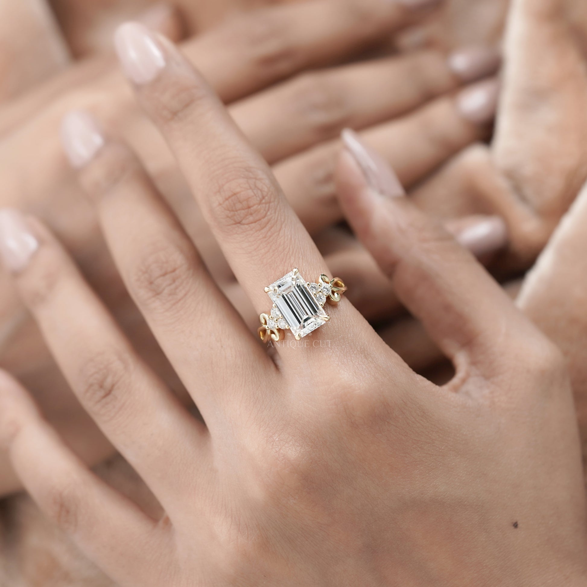 Emerald 5.30tcw Lab Grown Diamond Engagement Ring | Yellow Gold Fleur-de-Lis Setting | IGI Certified