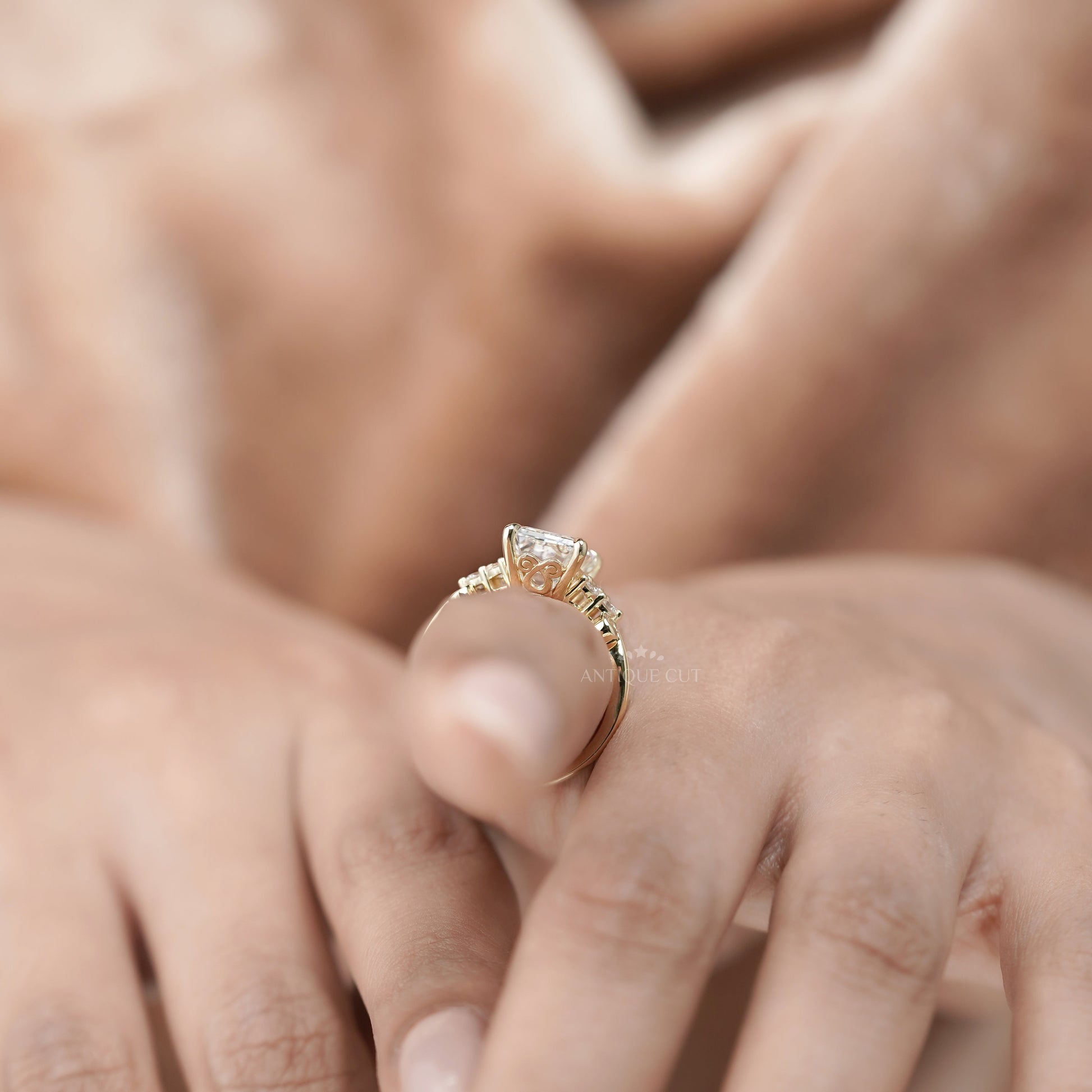 Emerald 5.30tcw Lab Grown Diamond Engagement Ring | Yellow Gold Fleur-de-Lis Setting | IGI Certified