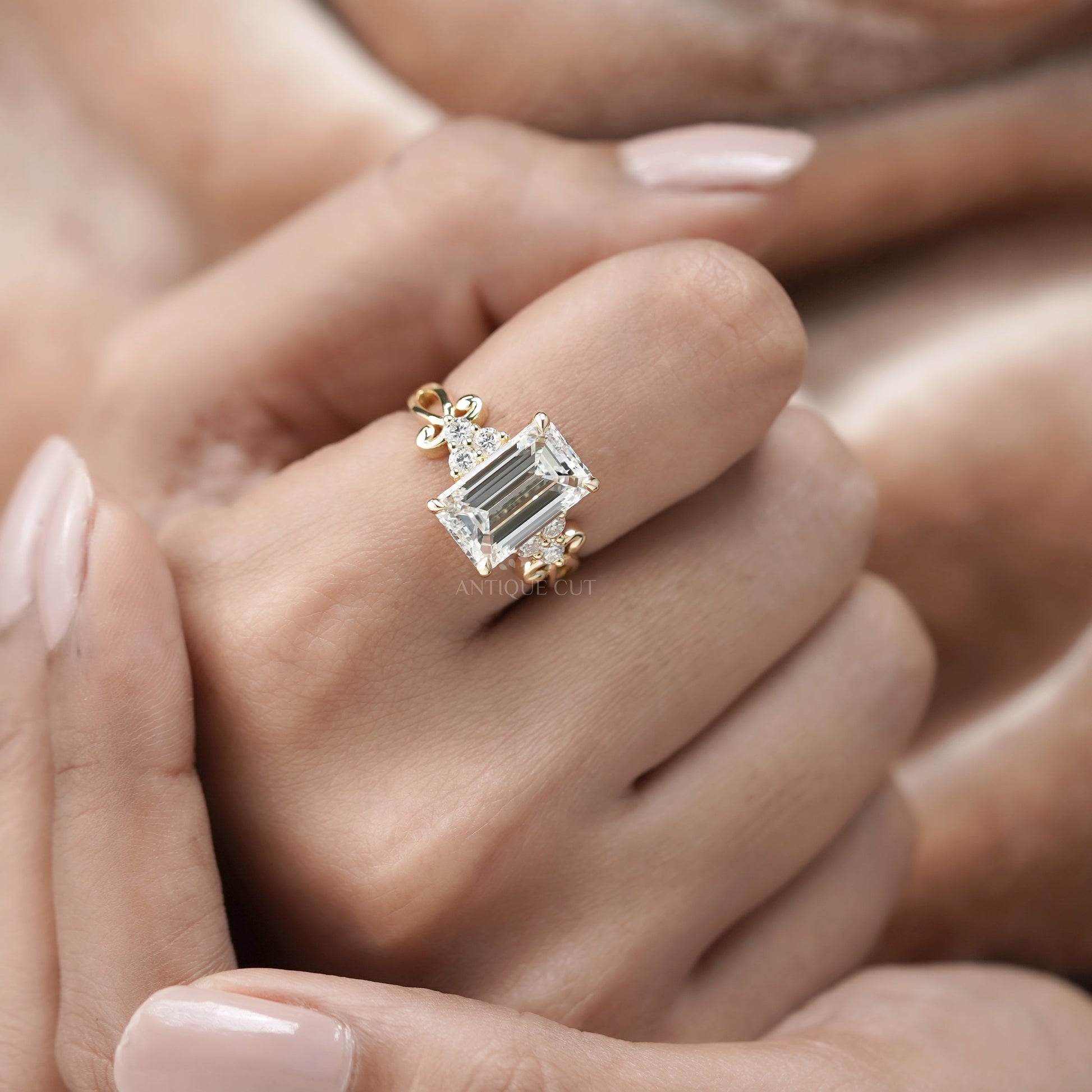 Emerald 5.30tcw Lab Grown Diamond Engagement Ring | Yellow Gold Fleur-de-Lis Setting | IGI Certified