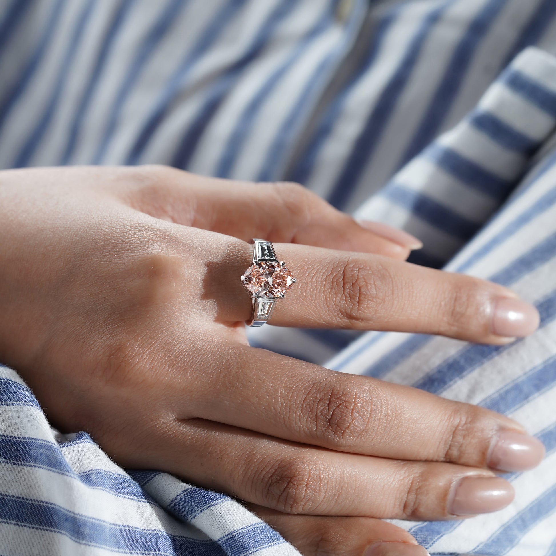 Oval 3.80tcw Fancy Pink Lab Grown Diamond Three Stone Ring | IGI Certified