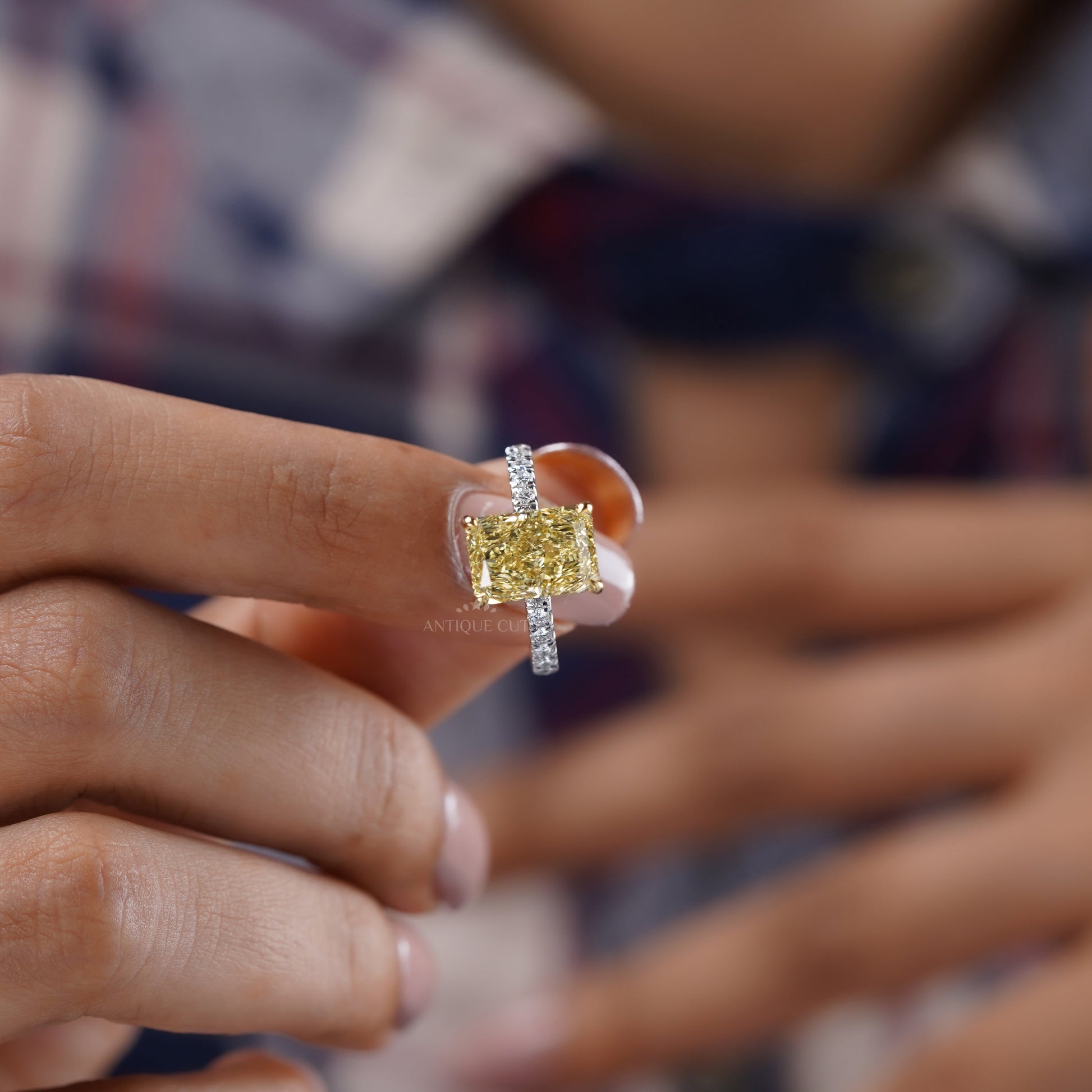 4.40ct Radiant Fancy Yellow Lab Diamond Ring with Hidden Halo & Two Tone Pavé Band