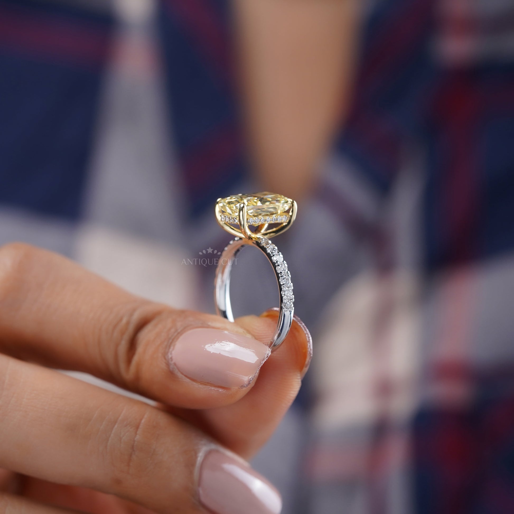 4.40ct Radiant Fancy Yellow Lab Diamond Ring with Hidden Halo & Two Tone Pavé Band