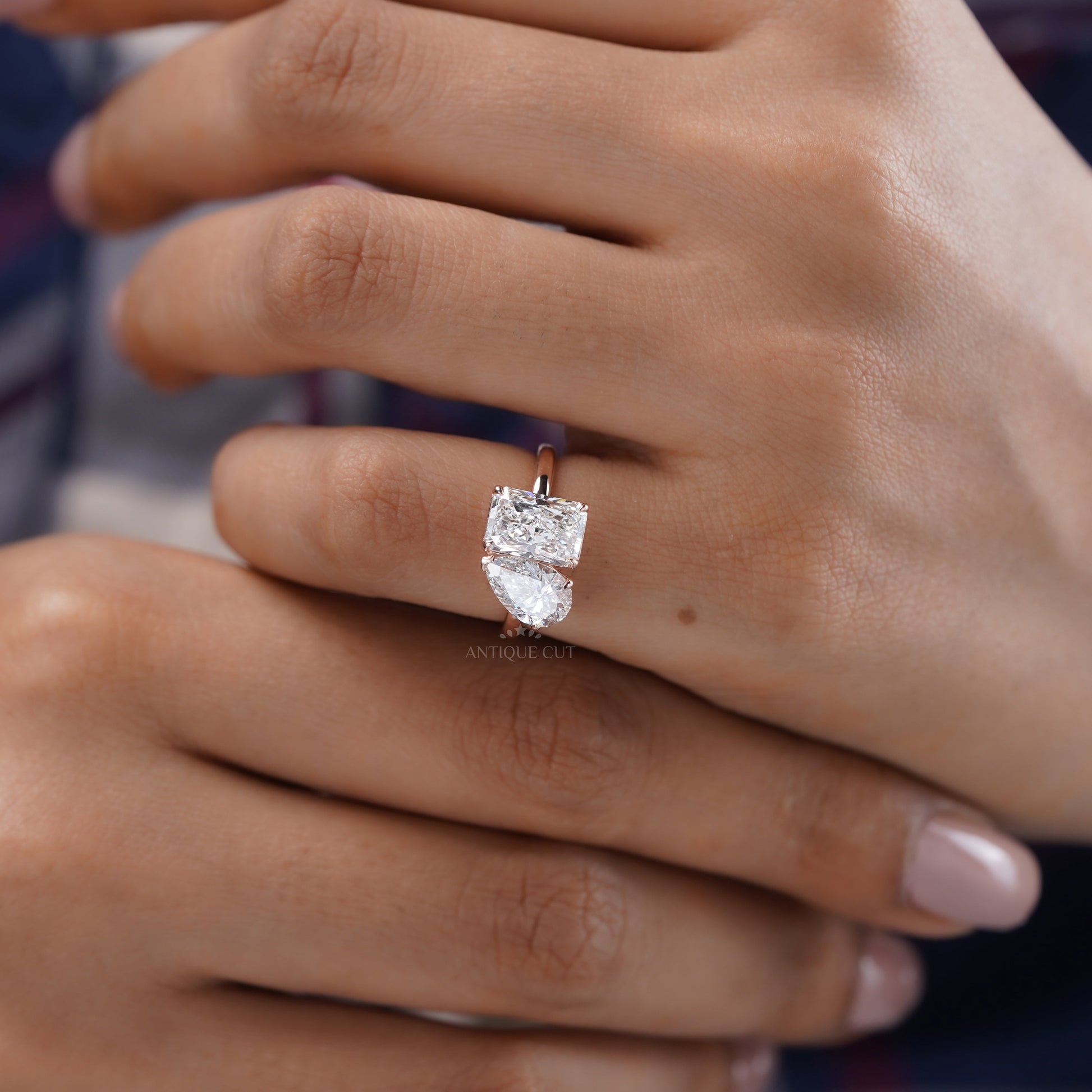 Radiant And Pear 3.00tcw Lab Diamond Toi Et Moi Ring | Two-Stone Rose Gold | IGI Certified