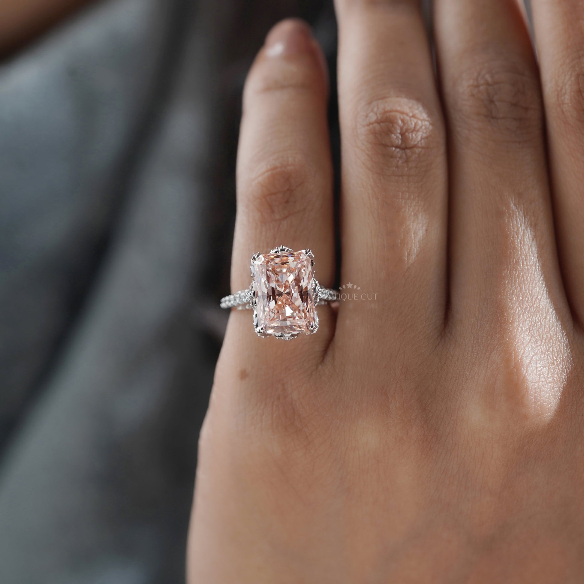Fancy Pink Radiant 6.50tcw Lab Diamond Engagement Ring | IGI Certified | White Gold Pave Setting