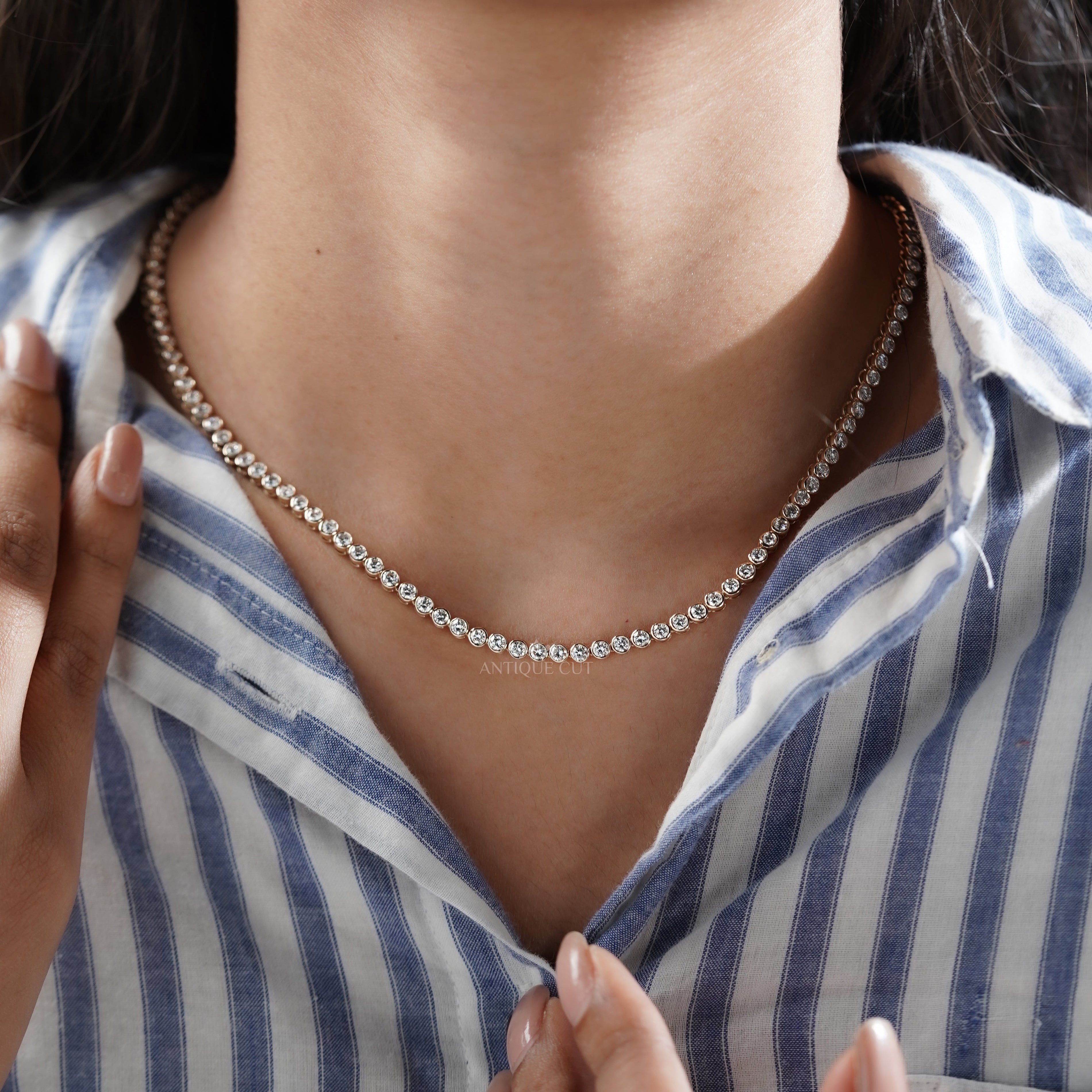 7.6ct Lab Grown Diamond Bezel Tennis Necklace | D-E-F Color, VVS–VS Clarity | 14K Yellow Gold | IGI Certified