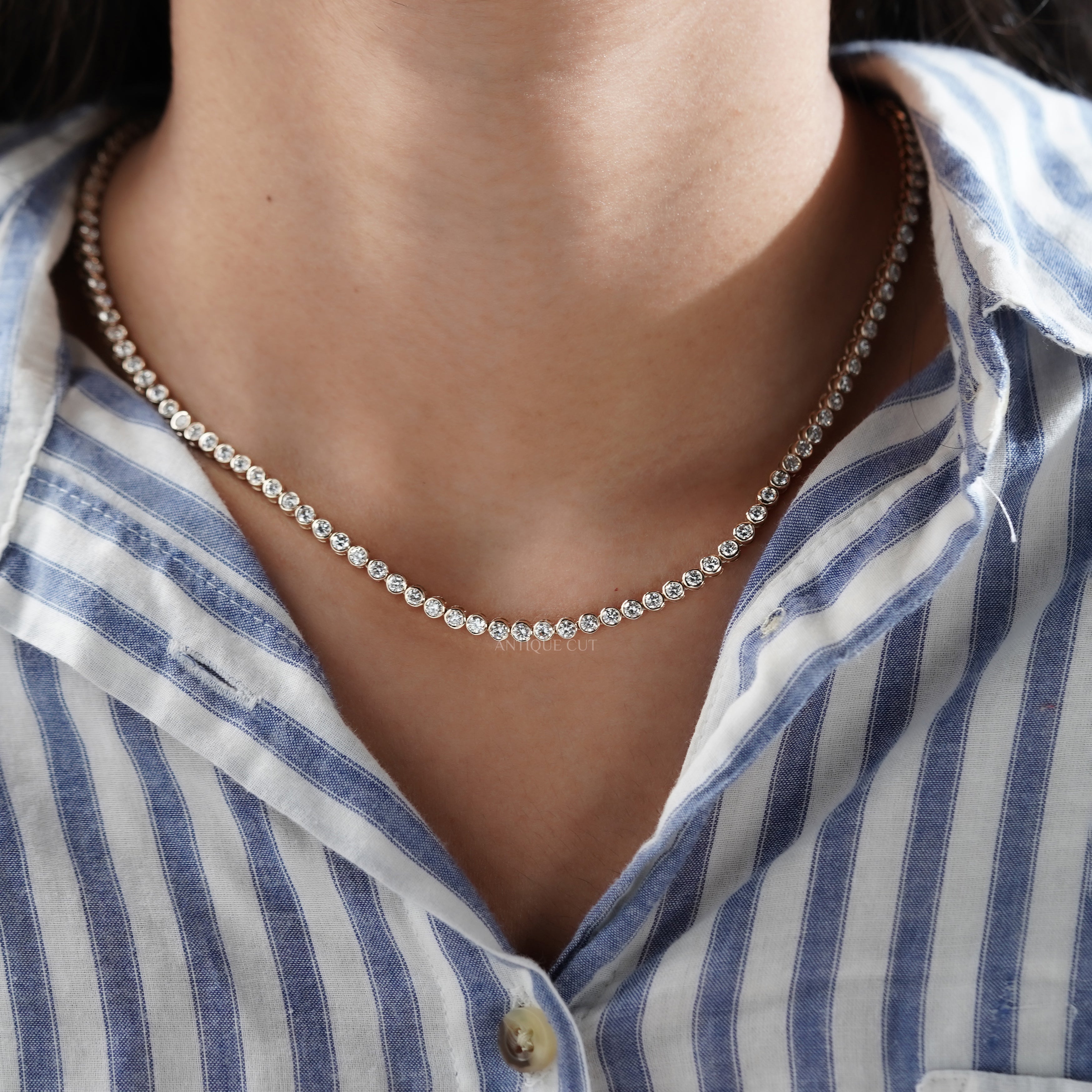 7.50tcw Diamond Tennis Necklace | Bezel Set Round Brilliant Diamonds in 14K Gold | Classic Dainty Tennis Chain | Gift for Her