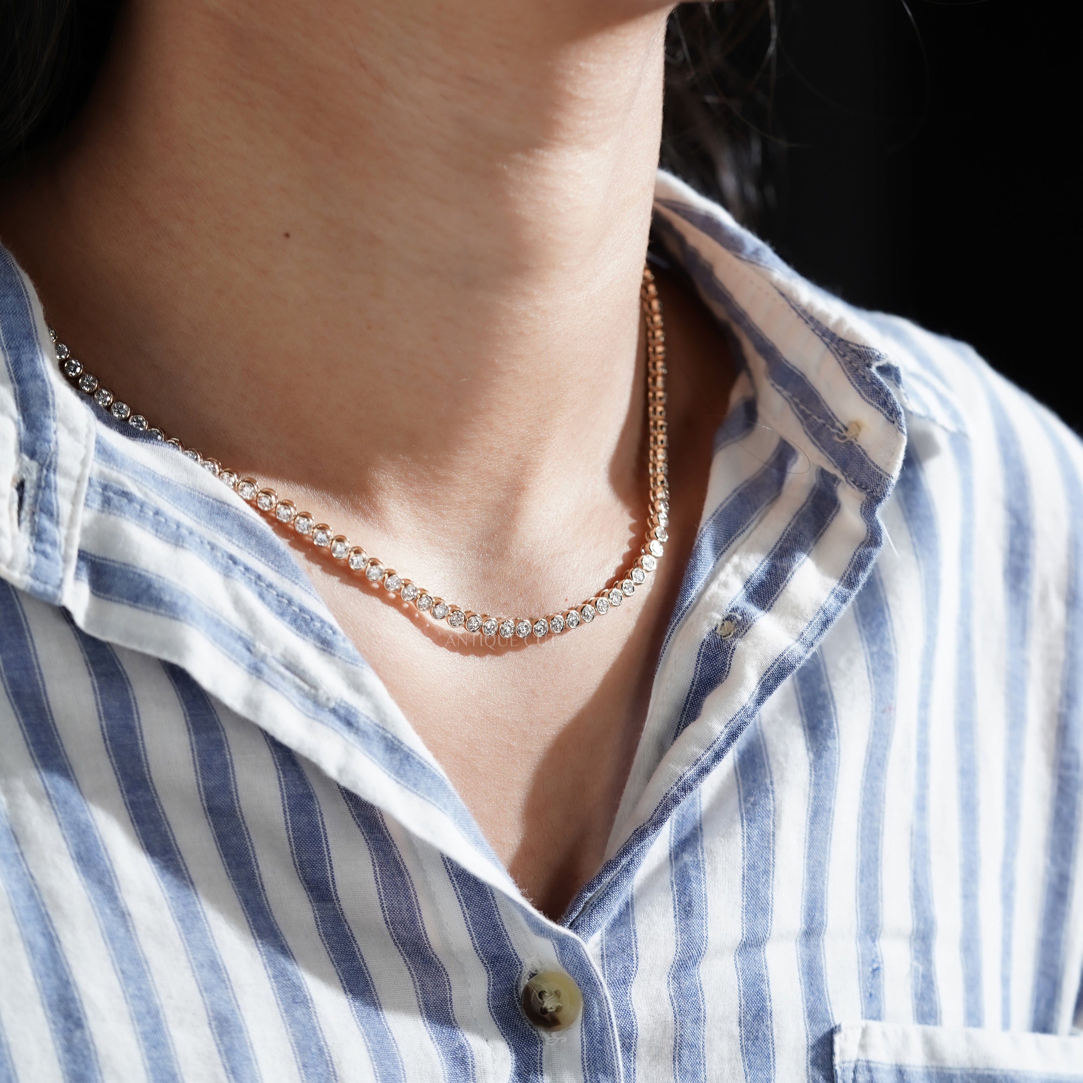 7.50tcw Diamond Tennis Necklace | Bezel Set Round Brilliant Diamonds in 14K Gold | Classic Dainty Tennis Chain | Gift for Her