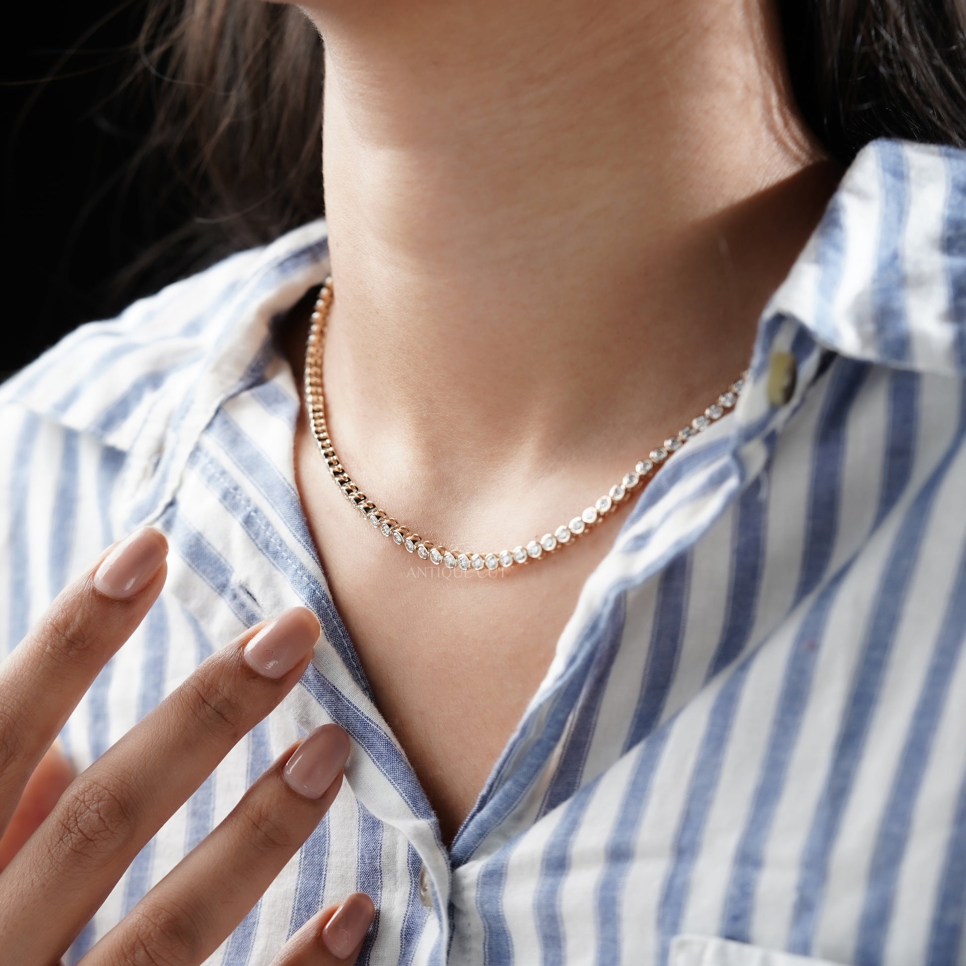 7.50tcw Diamond Tennis Necklace | Bezel Set Round Brilliant Diamonds in 14K Gold | Classic Dainty Tennis Chain | Gift for Her