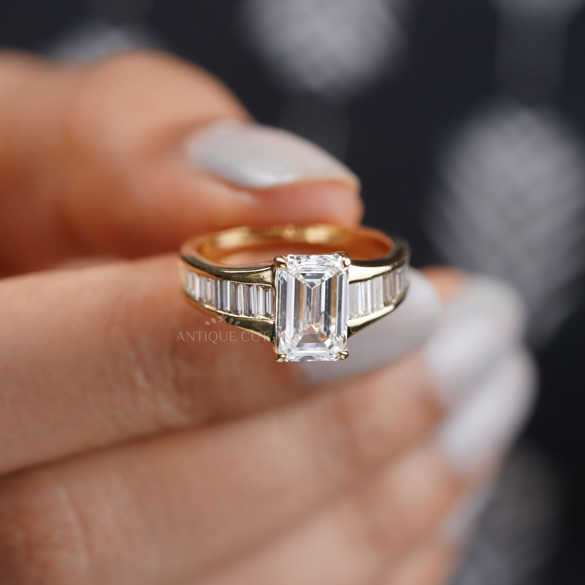 Emerald 3.20tcw Lab Diamond Engagement Ring | 2.5ct Center | Baguette Band | IGI Certified