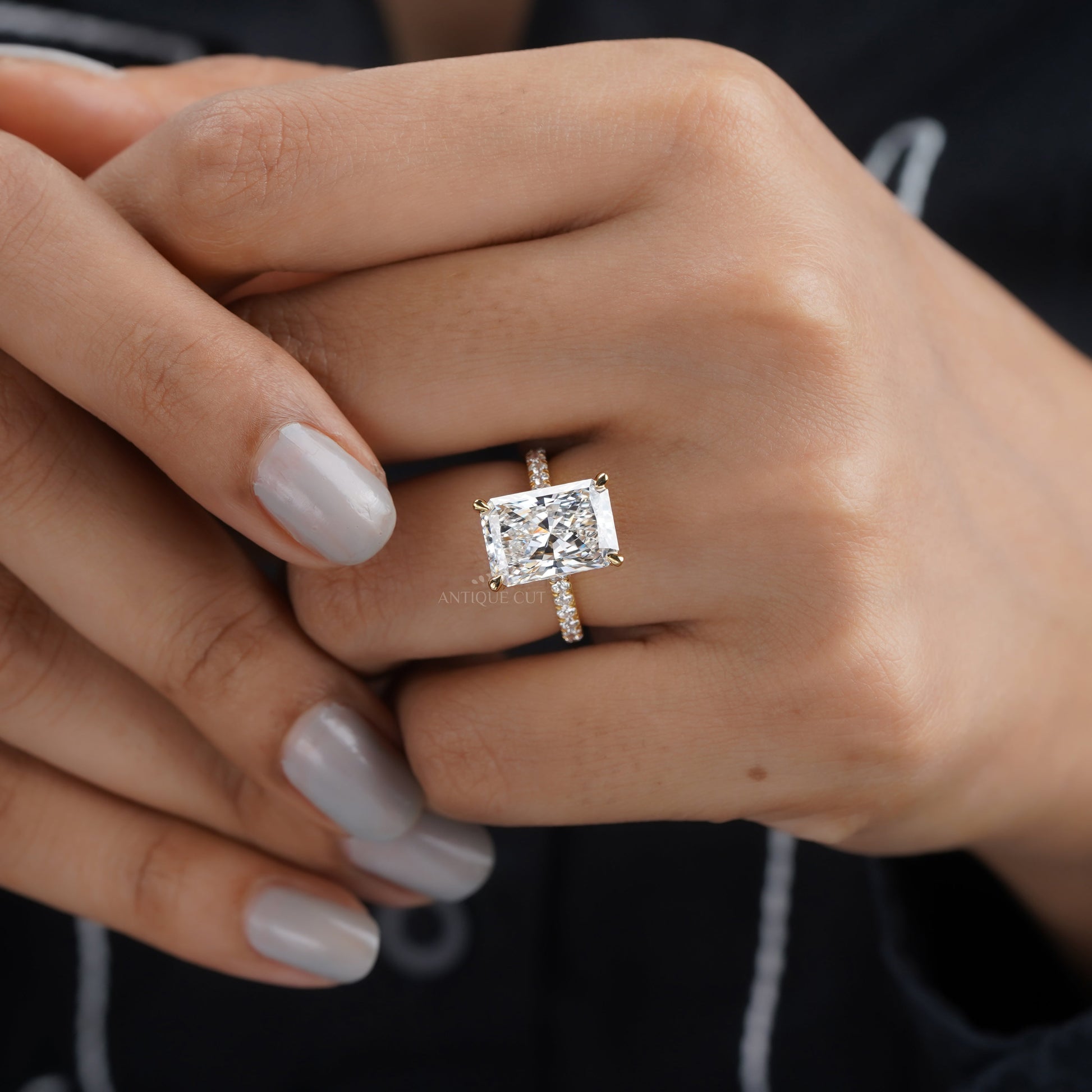 Radiant 5.60tcw Lab Grown Diamond Hidden Halo Pavé Engagement Ring | IGI Certified | Yellow Gold