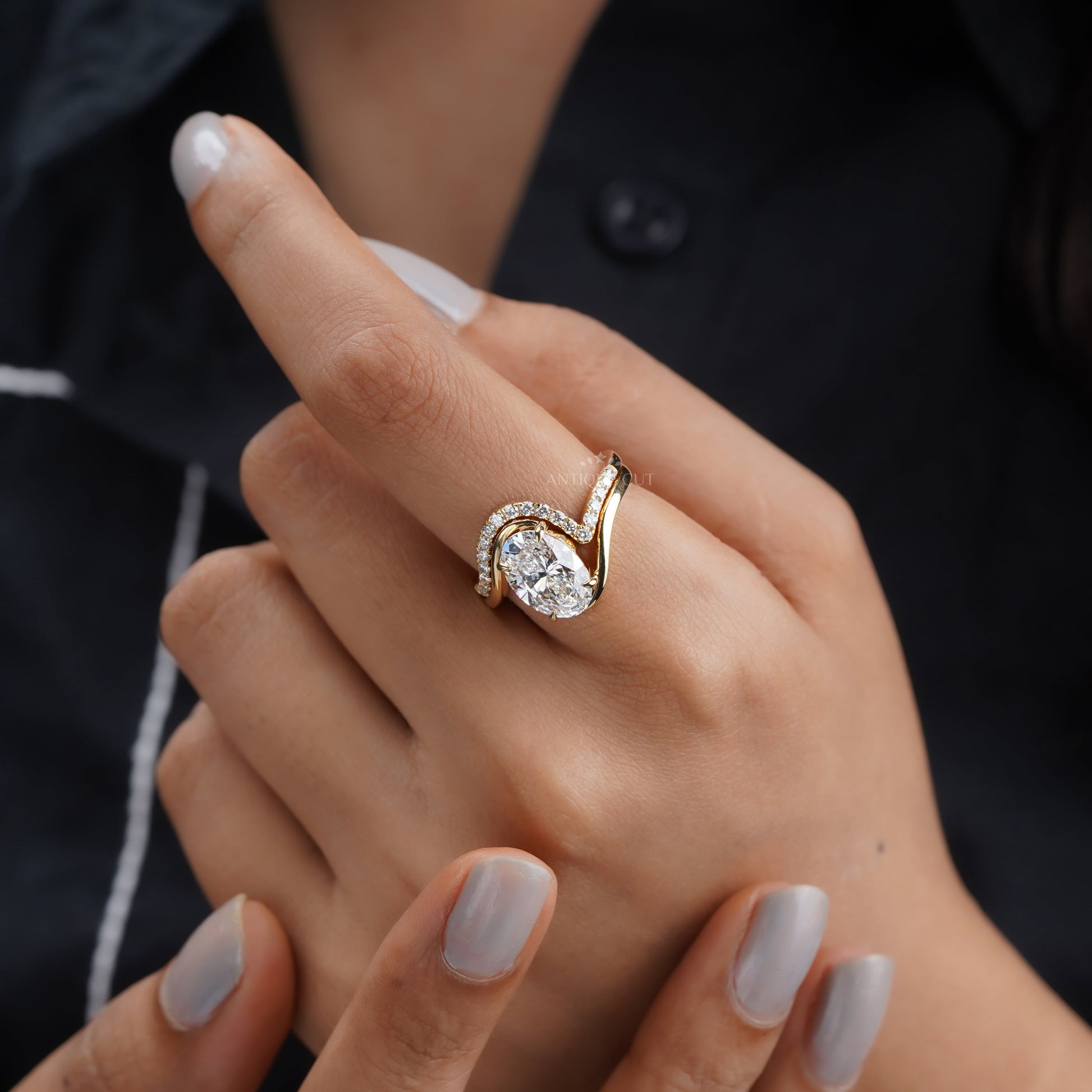 2.80tcw Oval Lab Diamond Bypass Style Engagement Ring | Matching Curved Band | IGI Certified