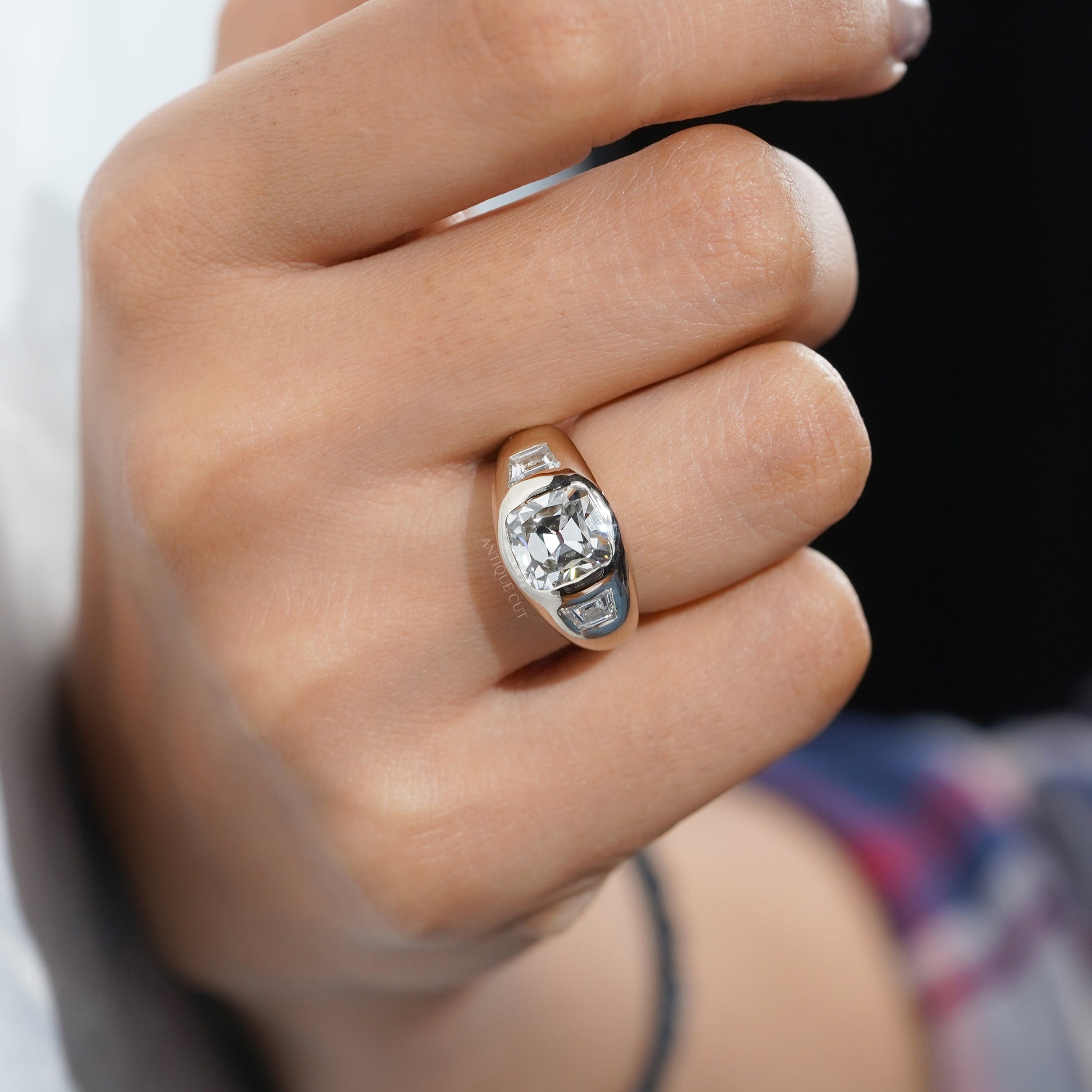 Cushion 3.70tcw Lab Diamond Ring | Baguette Side Stones | Signet Style | IGI Certified