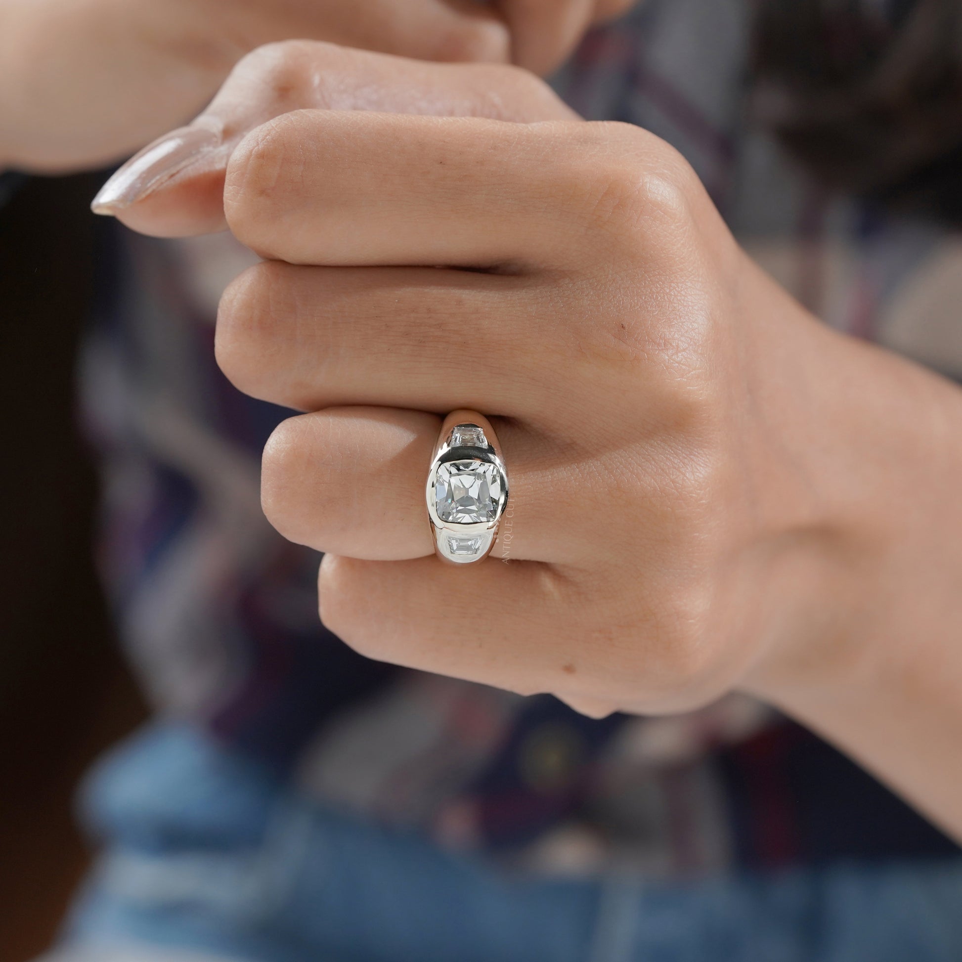 Cushion 3.70tcw Lab Diamond Ring | Baguette Side Stones | Signet Style | IGI Certified