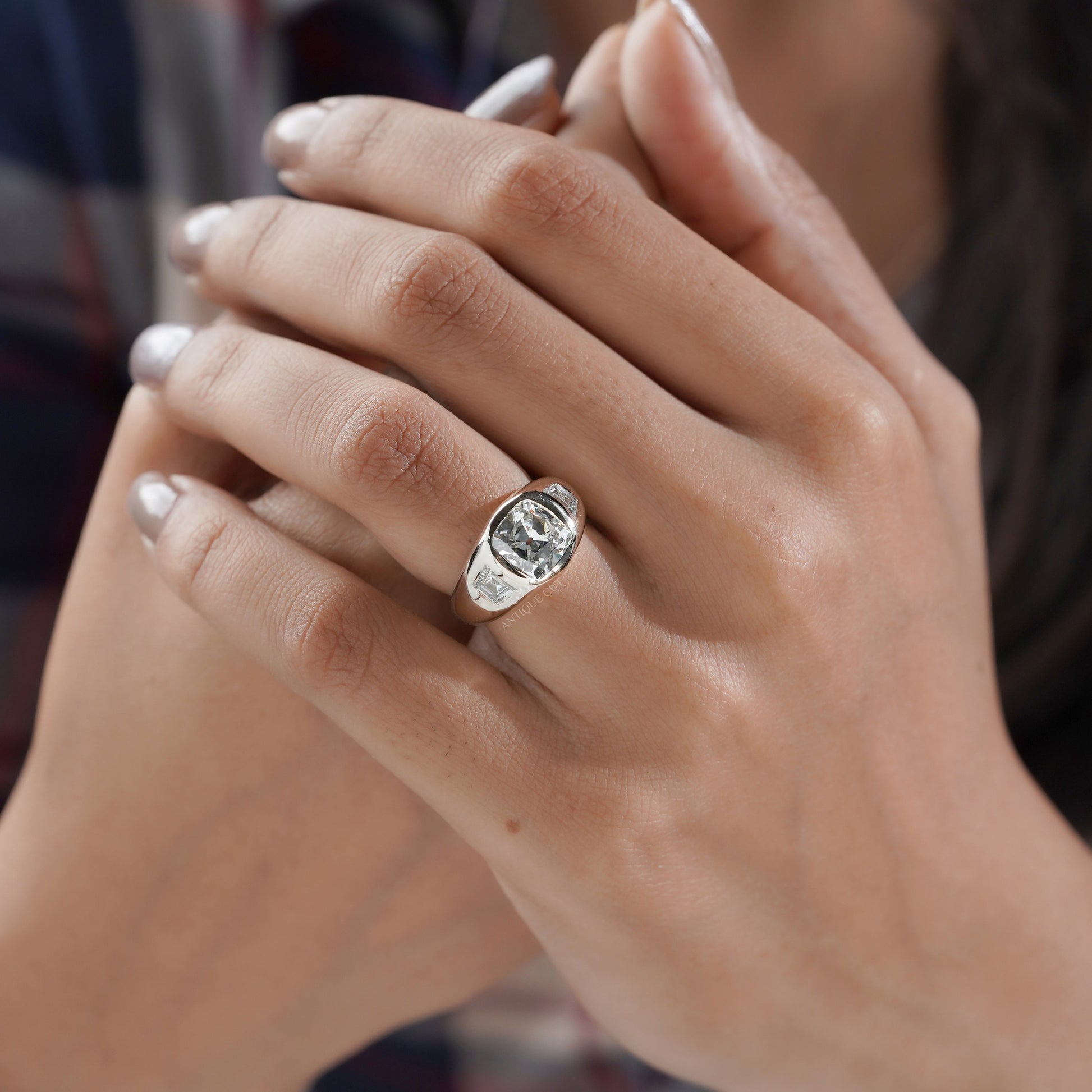 Cushion 3.70tcw Lab Diamond Ring | Baguette Side Stones | Signet Style | IGI Certified