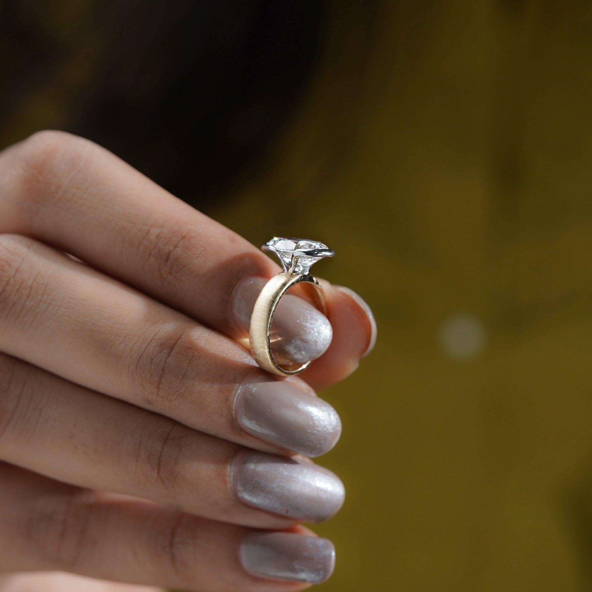 4ct Oval Lab Grown Diamond Bezel Engagement Ring | Two-Tone Matte Finish | IGI Certified D-E-F  VVS–VS