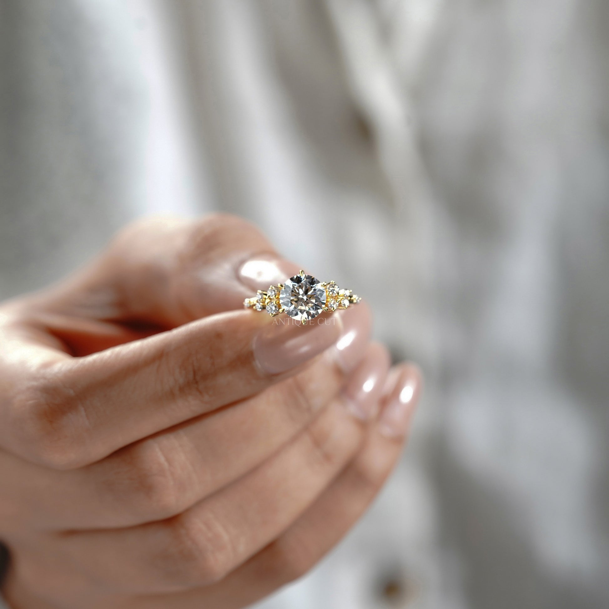 Round 2.30tcw Lab Diamond Engagement Ring | IGI Certified | Yellow Gold Cluster Side Stone Ring