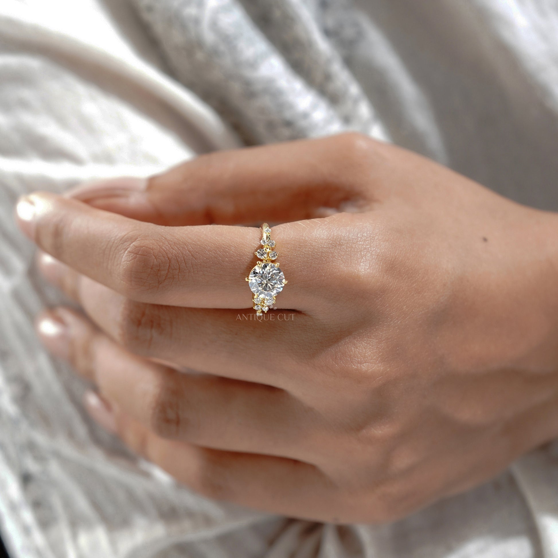 Round 2.30tcw Lab Diamond Engagement Ring | IGI Certified | Yellow Gold Cluster Side Stone Ring