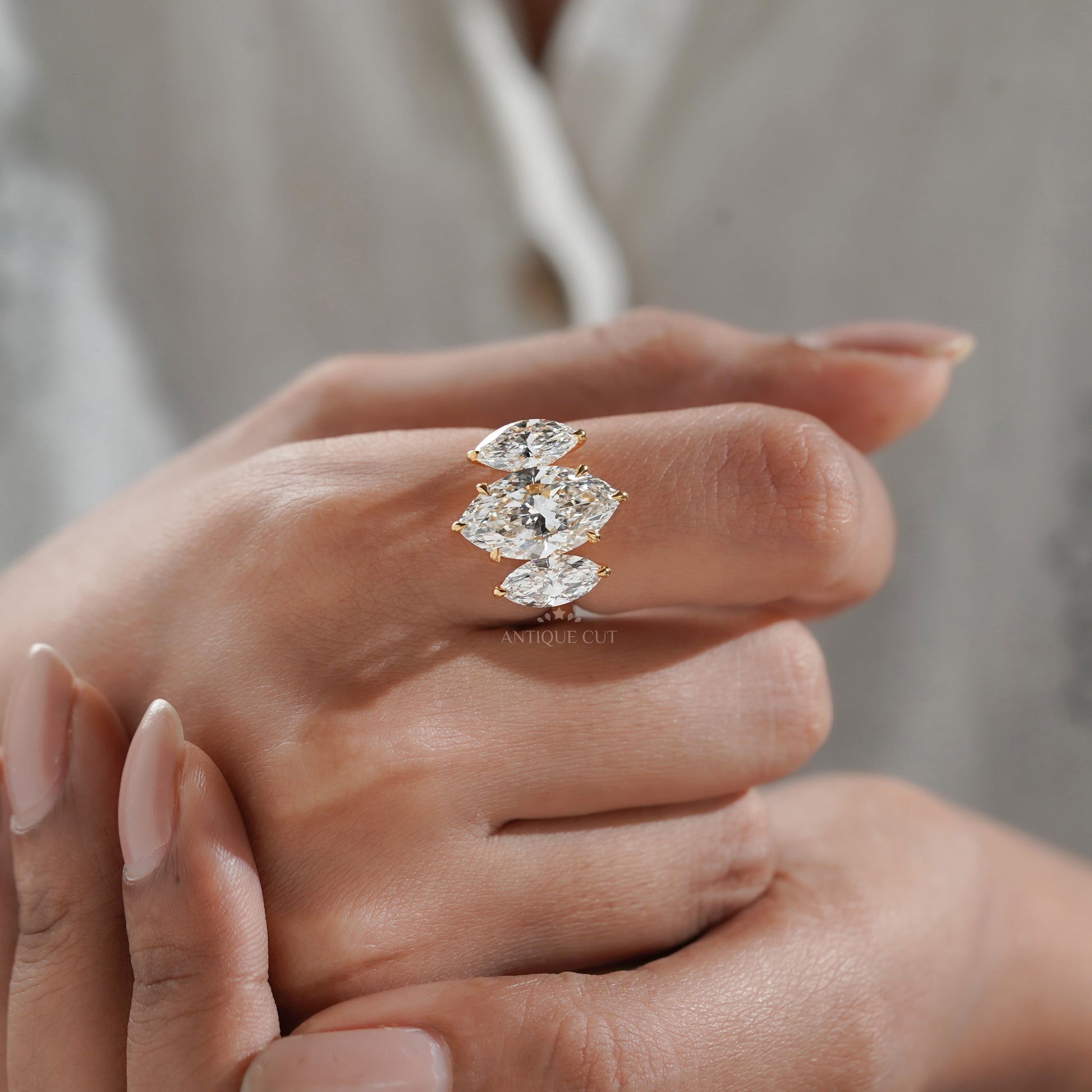 Marquise 5.00tcw Lab Grown Diamond Three-Stone Engagement Ring | IGI Certified