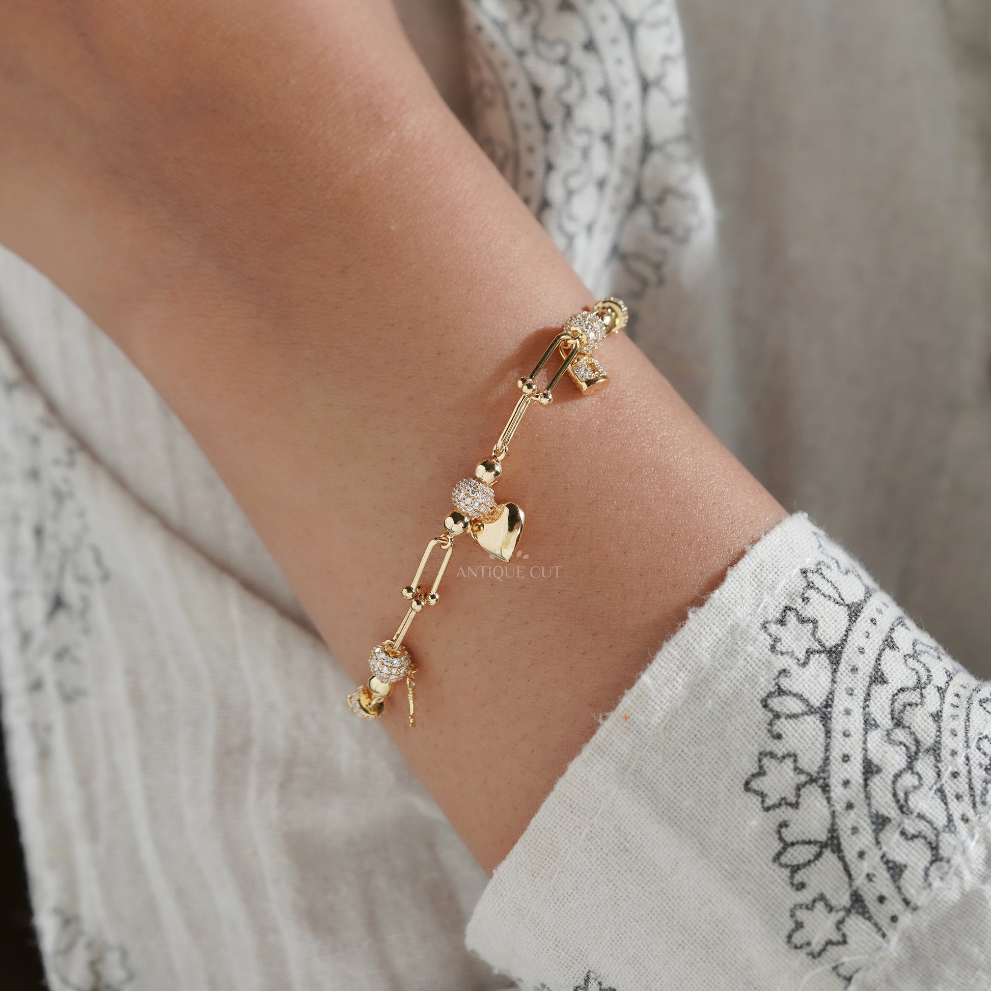 1.50tcw Diamond Charm Bracelet | Heart, Lock & Key | Round Cut | IGI Certified