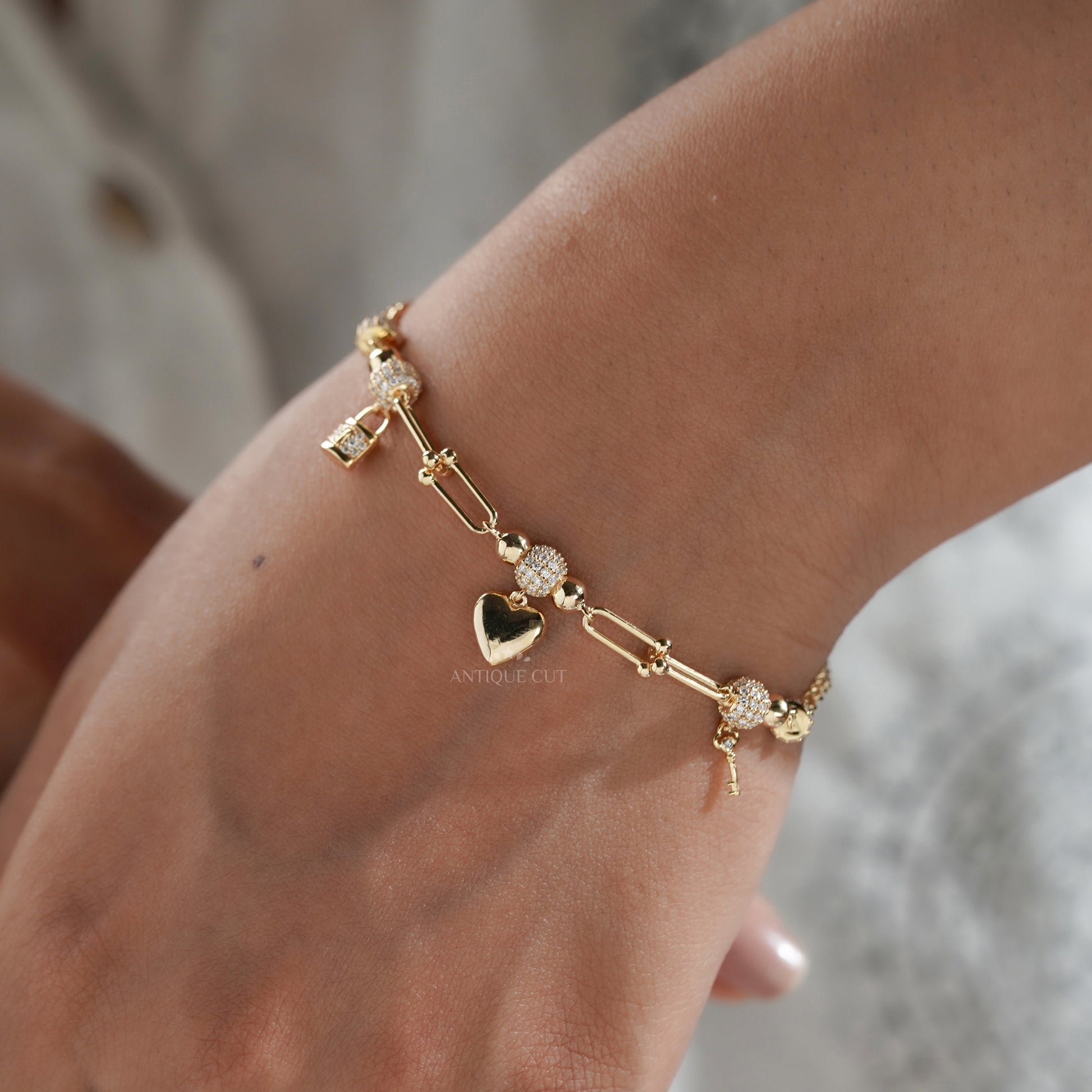 1.50tcw Diamond Charm Bracelet | Heart, Lock & Key | Round Cut | IGI Certified