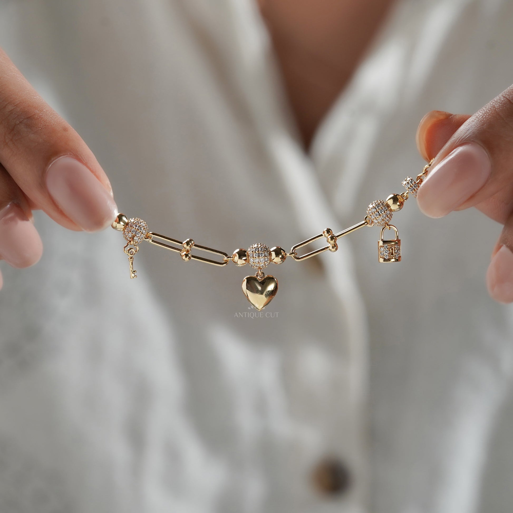 1.50tcw Diamond Charm Bracelet | Heart, Lock & Key | Round Cut | IGI Certified