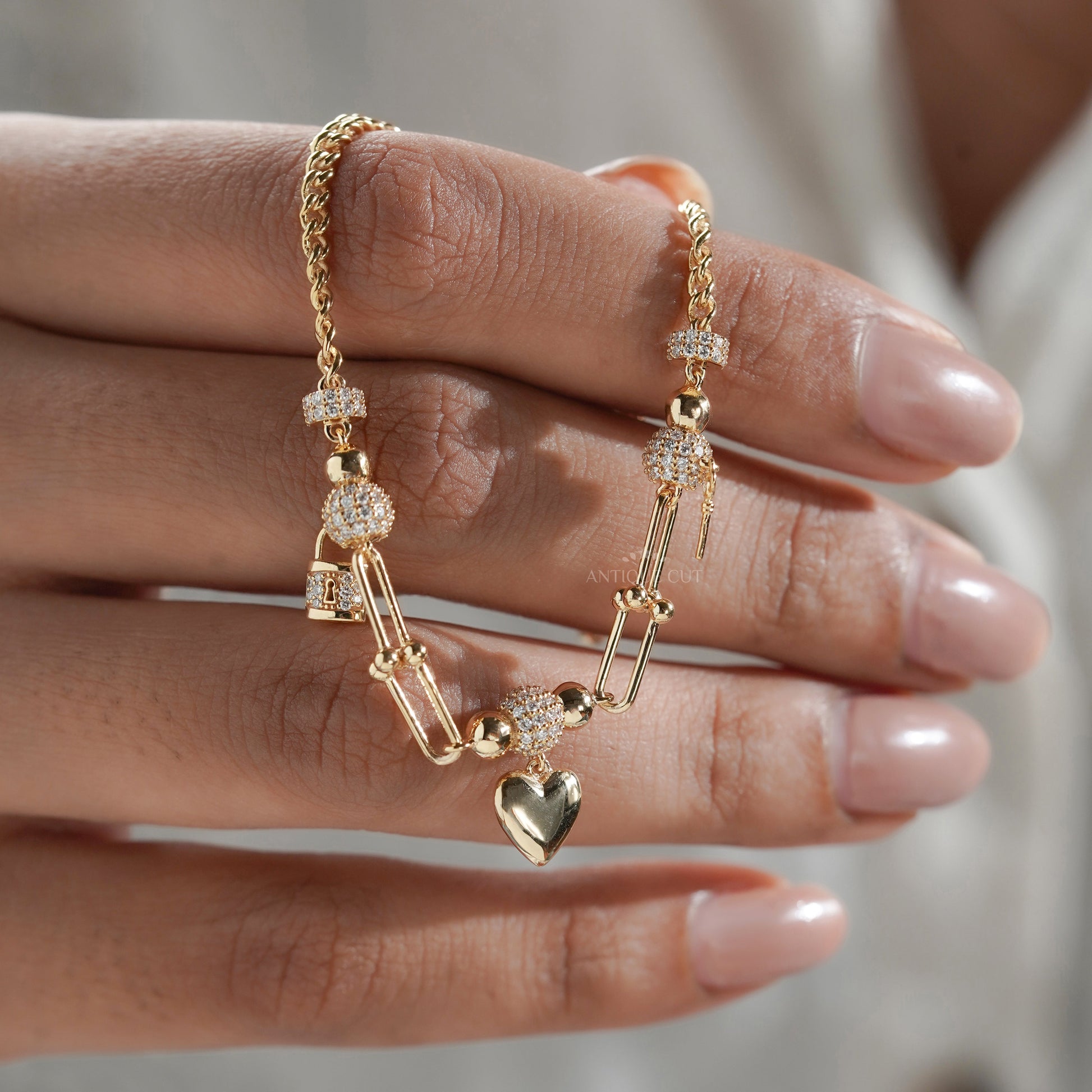 1.50tcw Diamond Charm Bracelet | Heart, Lock & Key | Round Cut | IGI Certified