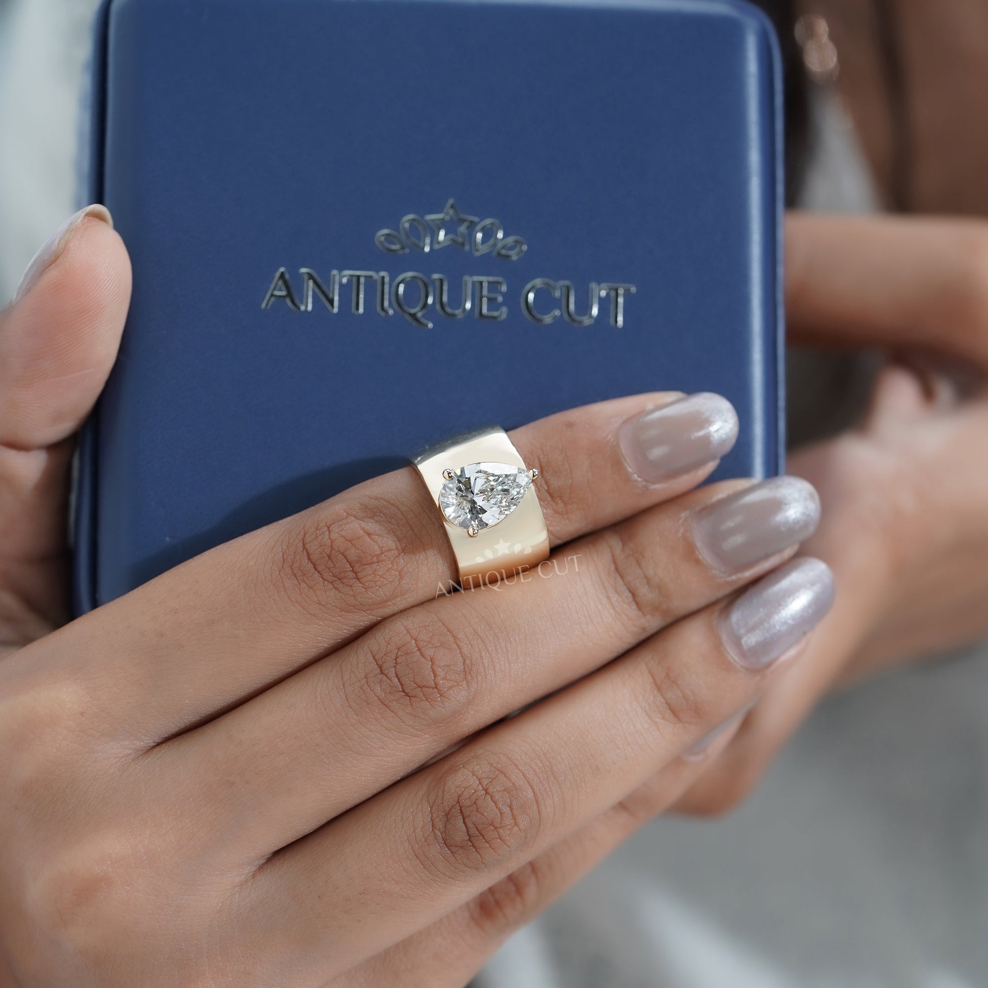 3.00ct Pear Lab Grown Diamond Wide Band Ring | Modern Yellow Gold