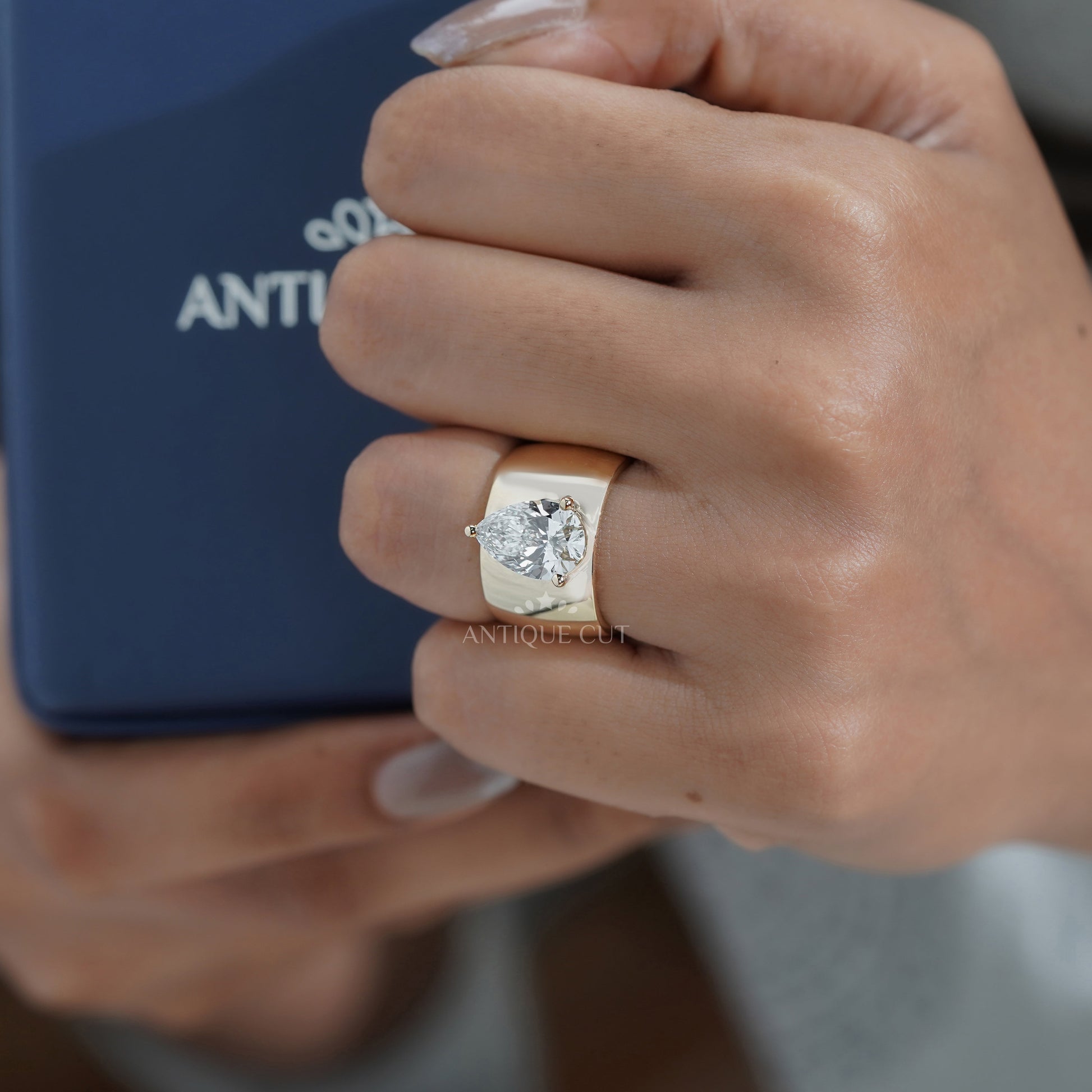 3.00ct Pear Lab Grown Diamond Wide Band Ring | Modern Yellow Gold