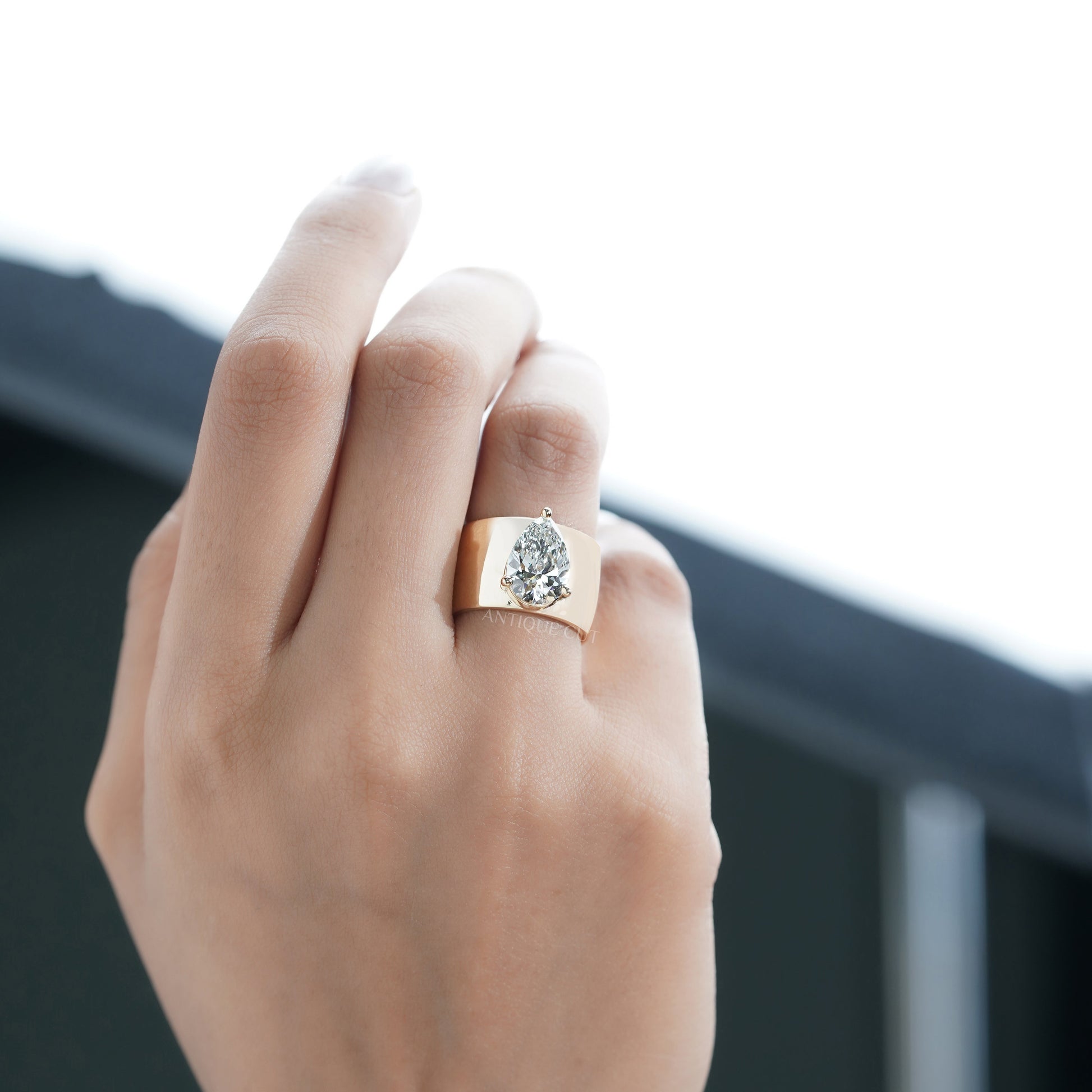 3.00ct Pear Lab Grown Diamond Wide Band Ring | Modern Yellow Gold