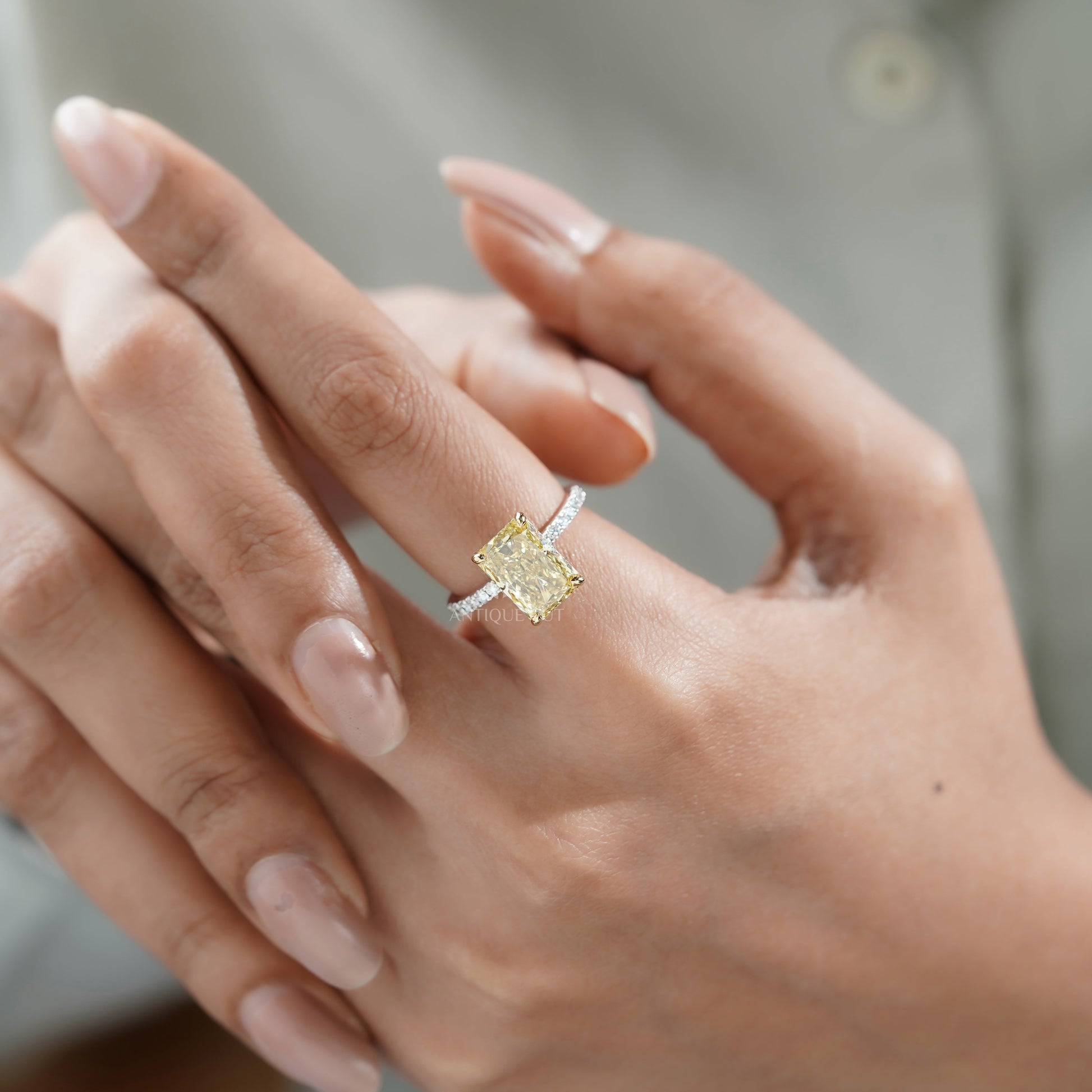 Fancy Yellow 4.40tcw Radiant Lab Diamond Engagement Ring | IGI Certified | White Gold Pave Band