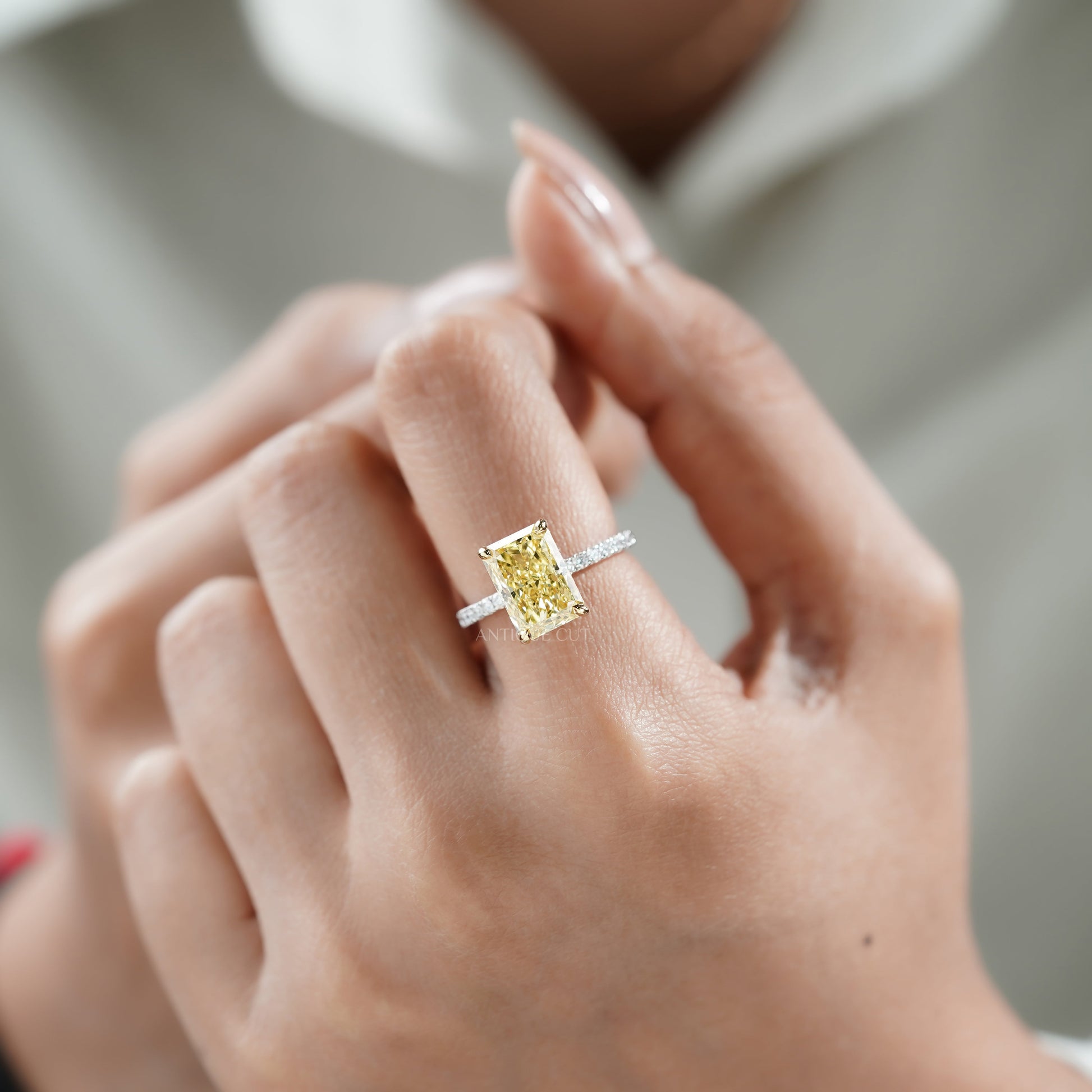 Fancy Yellow 4.40tcw Radiant Lab Diamond Engagement Ring | IGI Certified | White Gold Pave Band