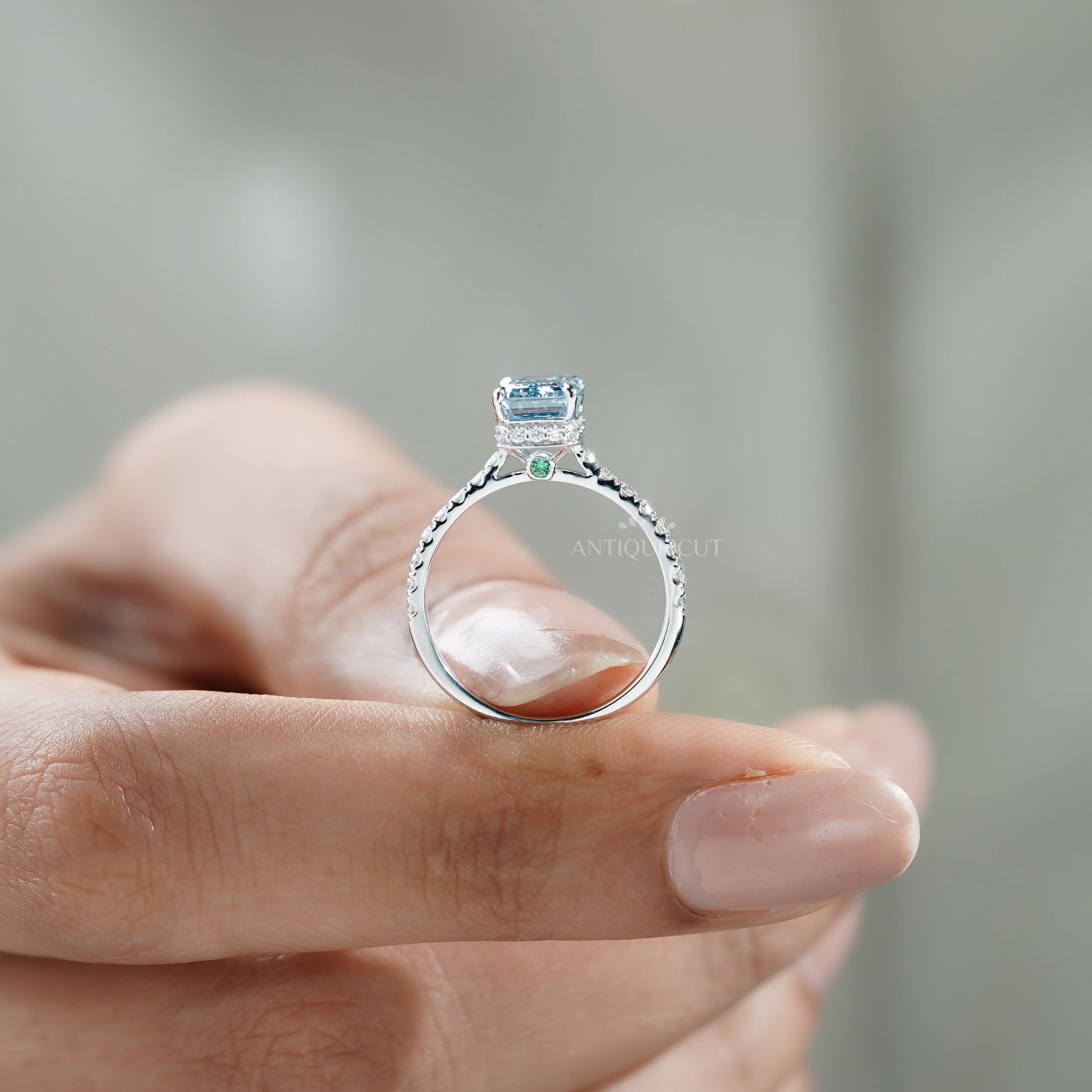 Fancy Blue 2.40tcw Emerald Cut Lab Diamond Engagement Ring | IGI Certified | White Gold Pave Setting