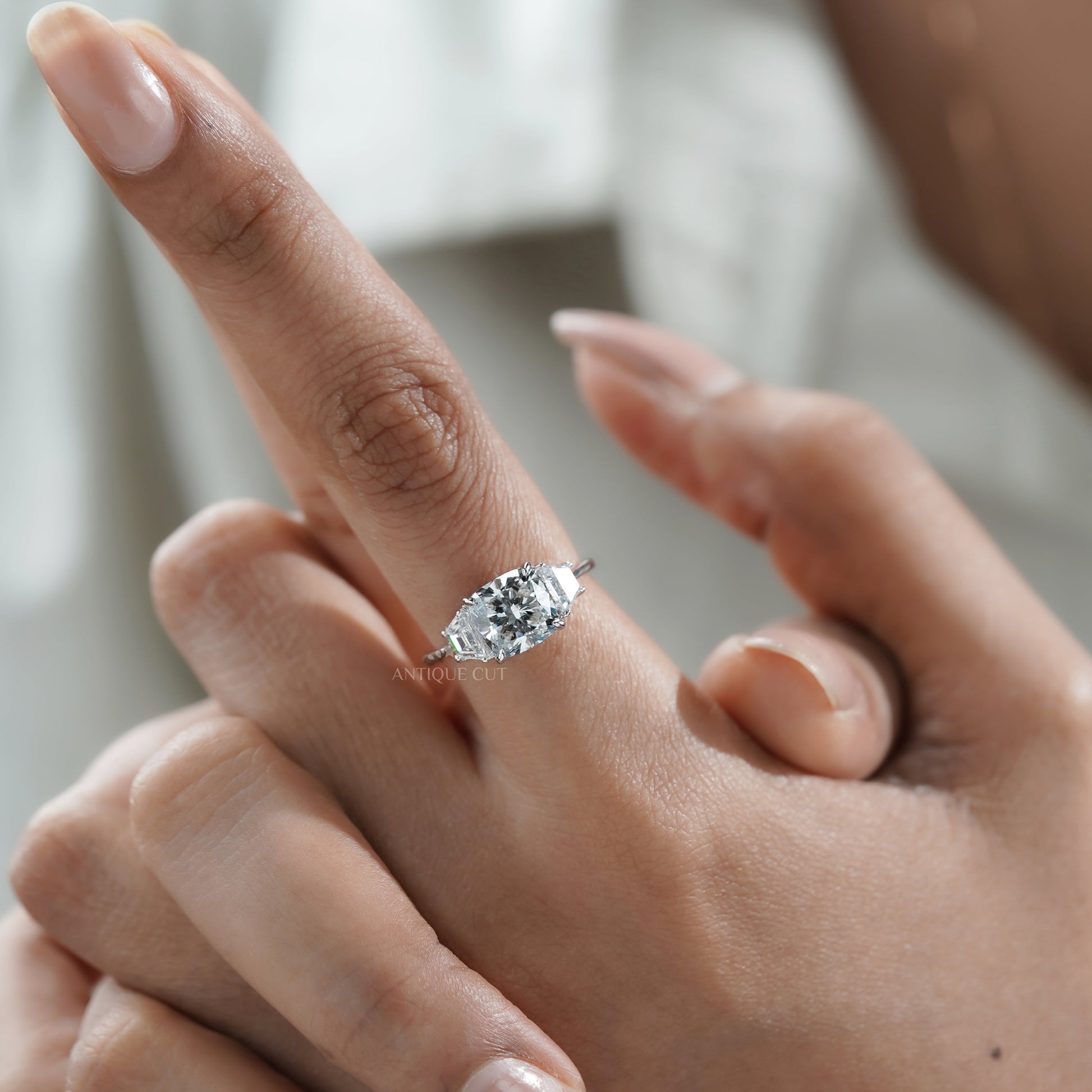 Cushion 3.00tcw Lab Grown Diamond Three-Stone Engagement Ring | IGI Certified