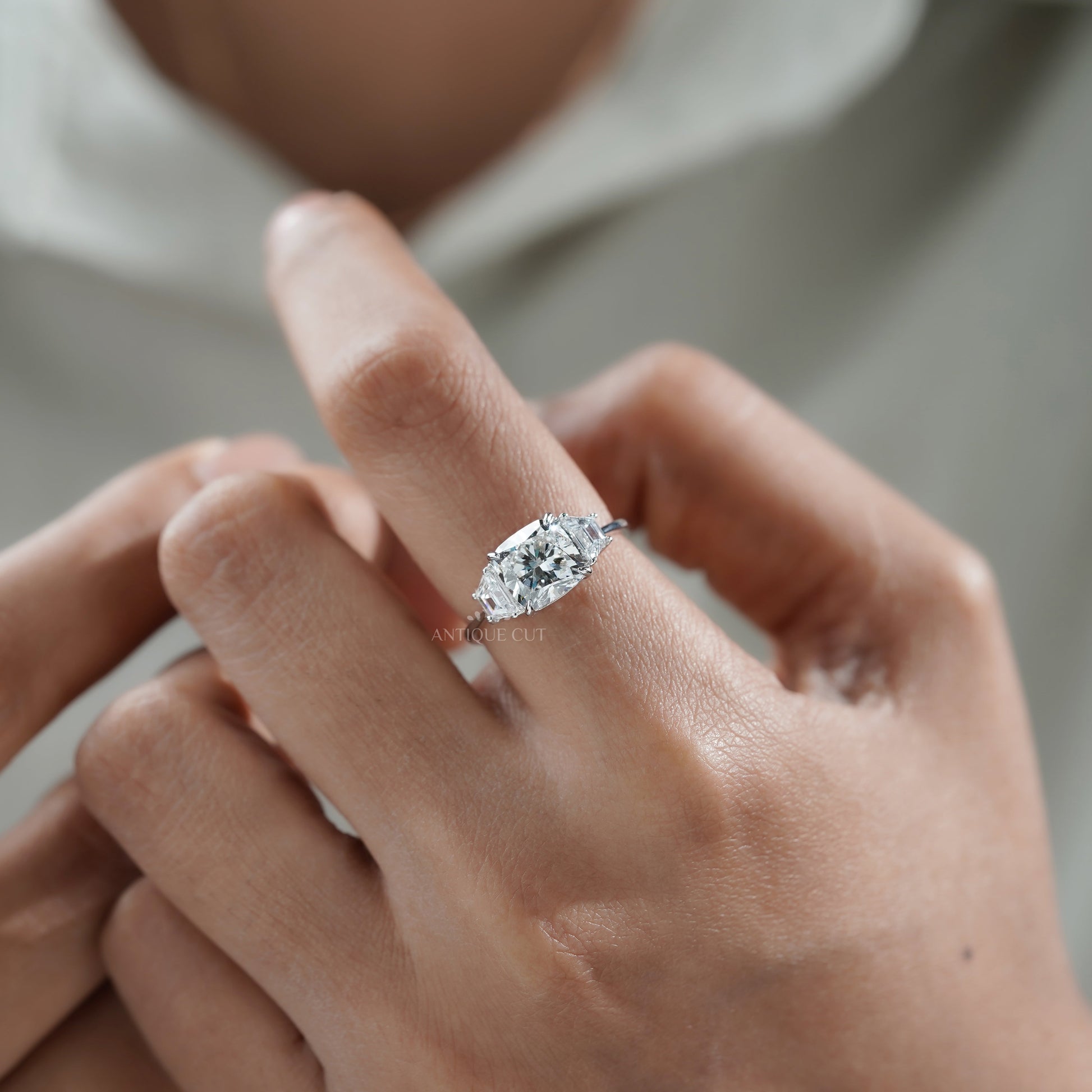 Cushion 3.00tcw Lab Grown Diamond Three-Stone Engagement Ring | IGI Certified