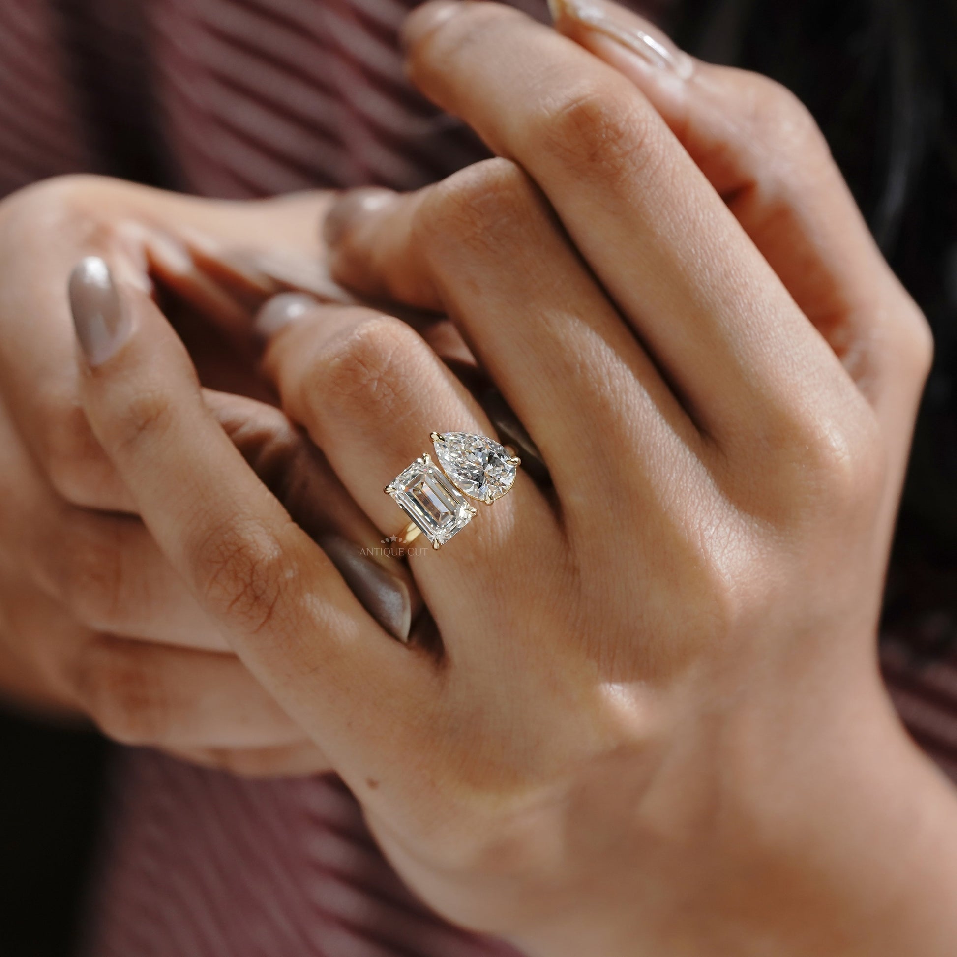 Emerald & Pear 4.00tcw Lab Grown Diamond Toi et Moi Engagement Ring | Yellow Gold | IGI Certified