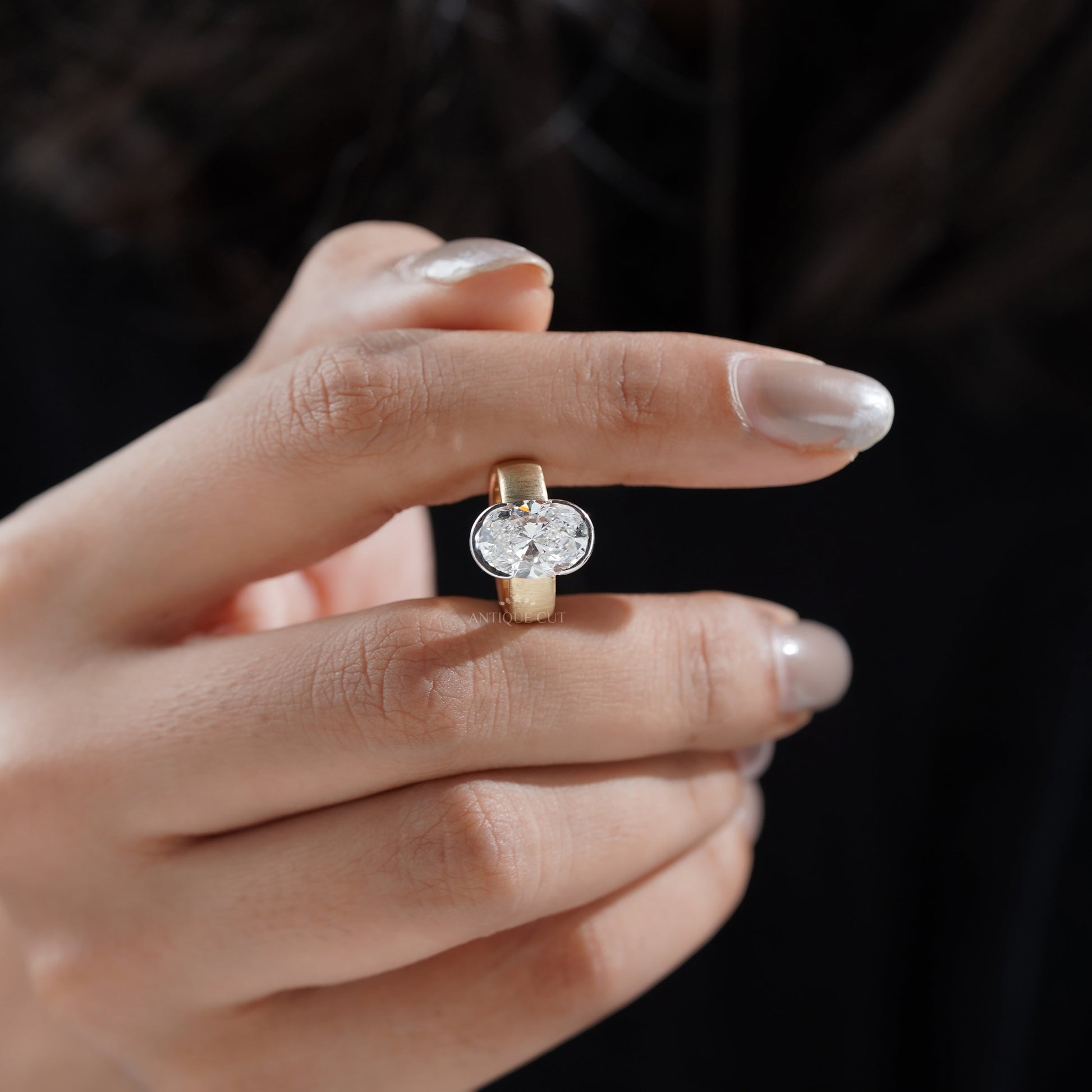 4ct Oval Lab Grown Diamond Bezel Engagement Ring | Paper Matte Finish | Two-Tone Gold | IGI Certified