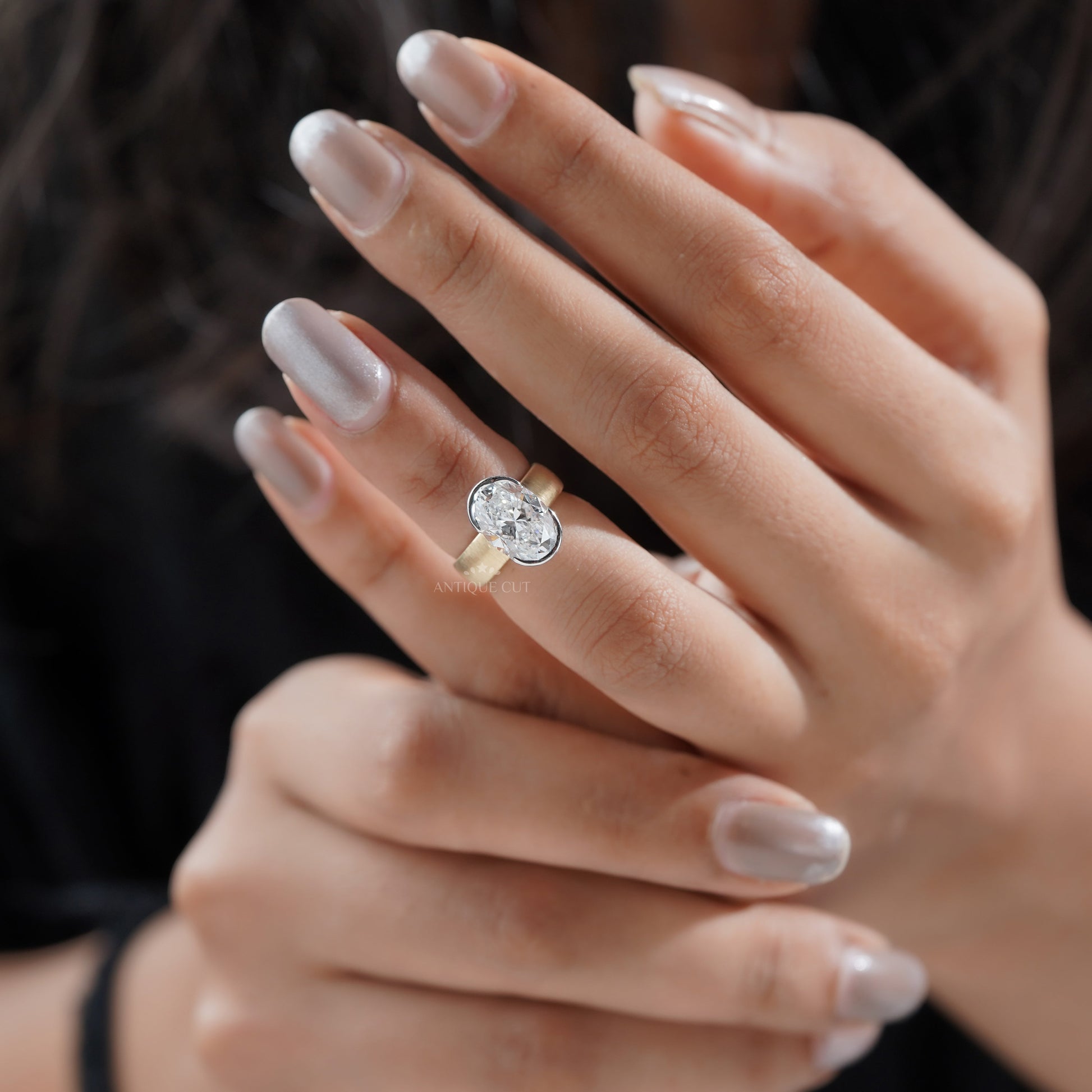 4ct Oval Lab Grown Diamond Bezel Engagement Ring | Paper Matte Finish | Two-Tone Gold | IGI Certified