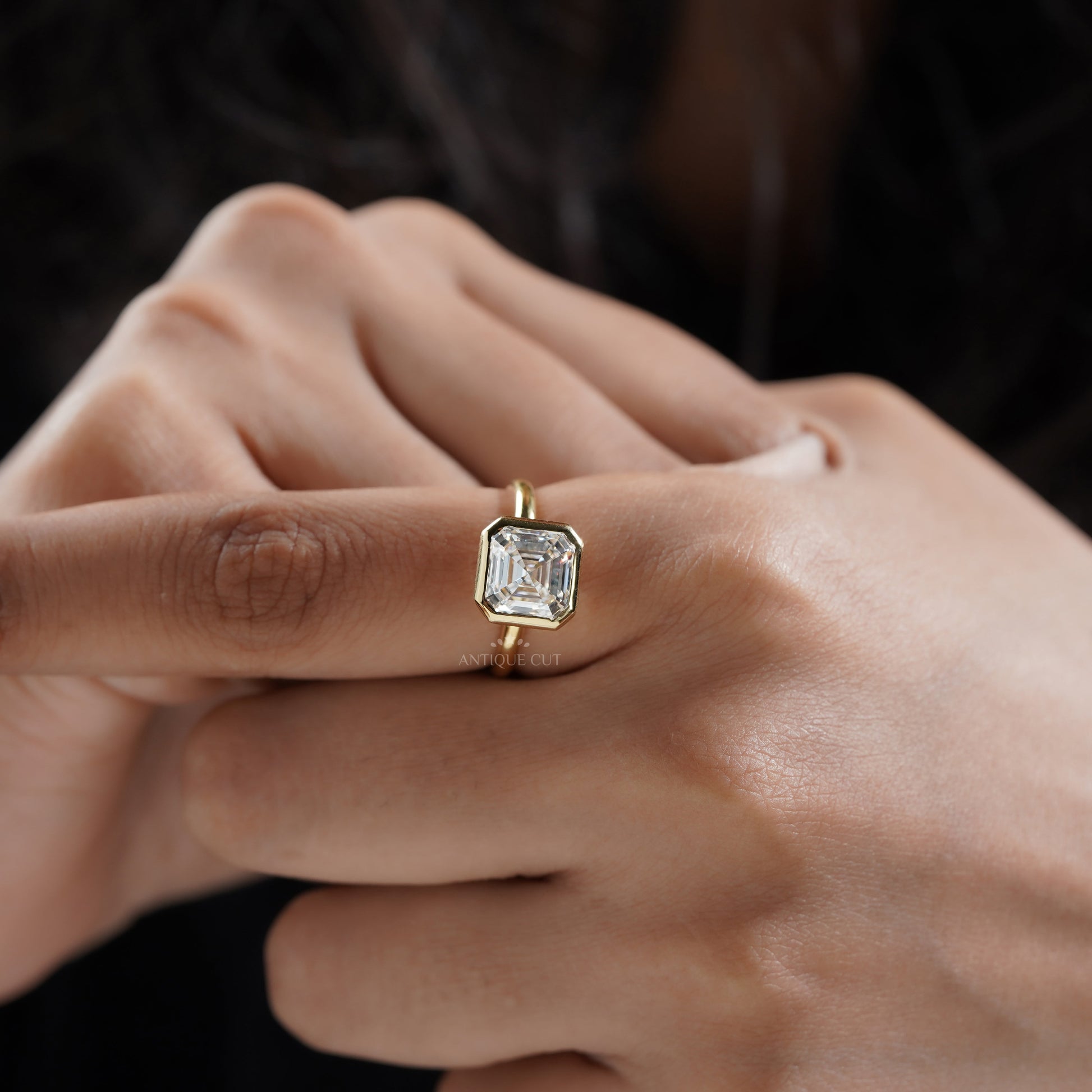 4.00ct Asscher Lab-Grown Diamond Bezel Engagement Ring | Yellow Gold Solitaire | IGI Certified Ethical Step-Cut Diamond Ring