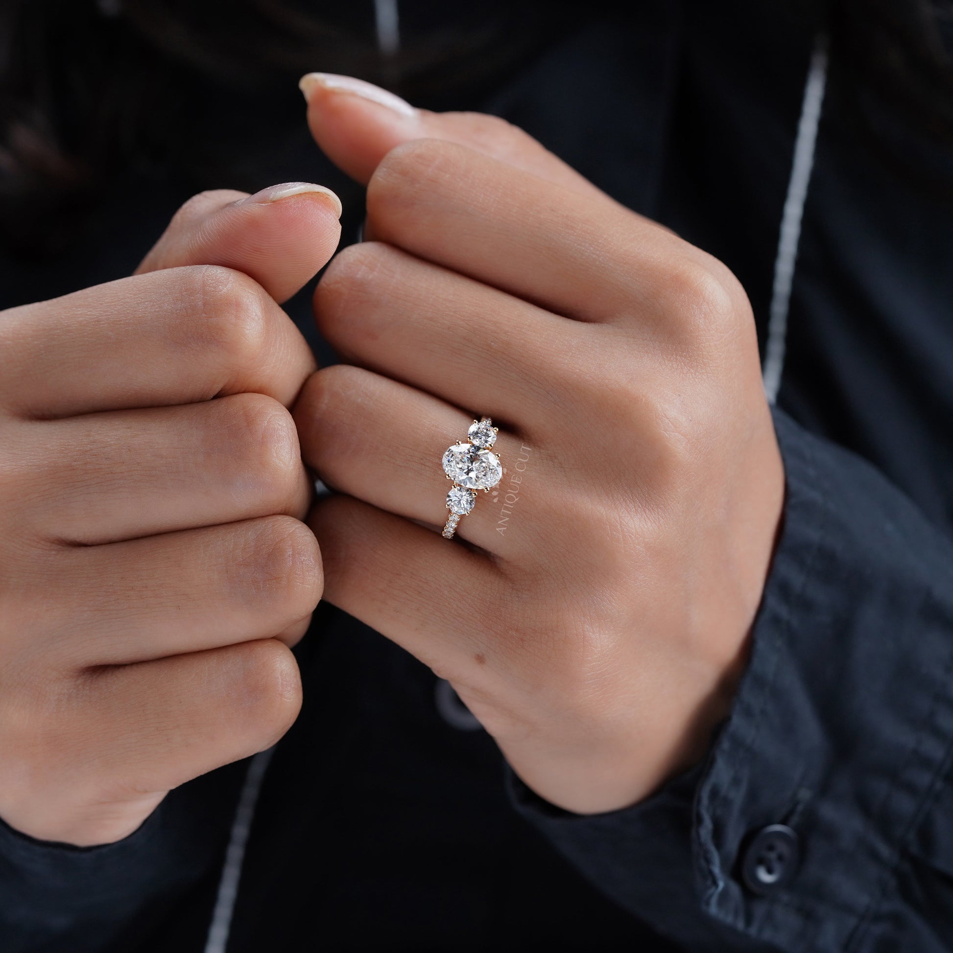 2.40tcw Oval & Round Lab-Grown Diamond Ring | Three-Stone Trellis Setting | IGI Certified