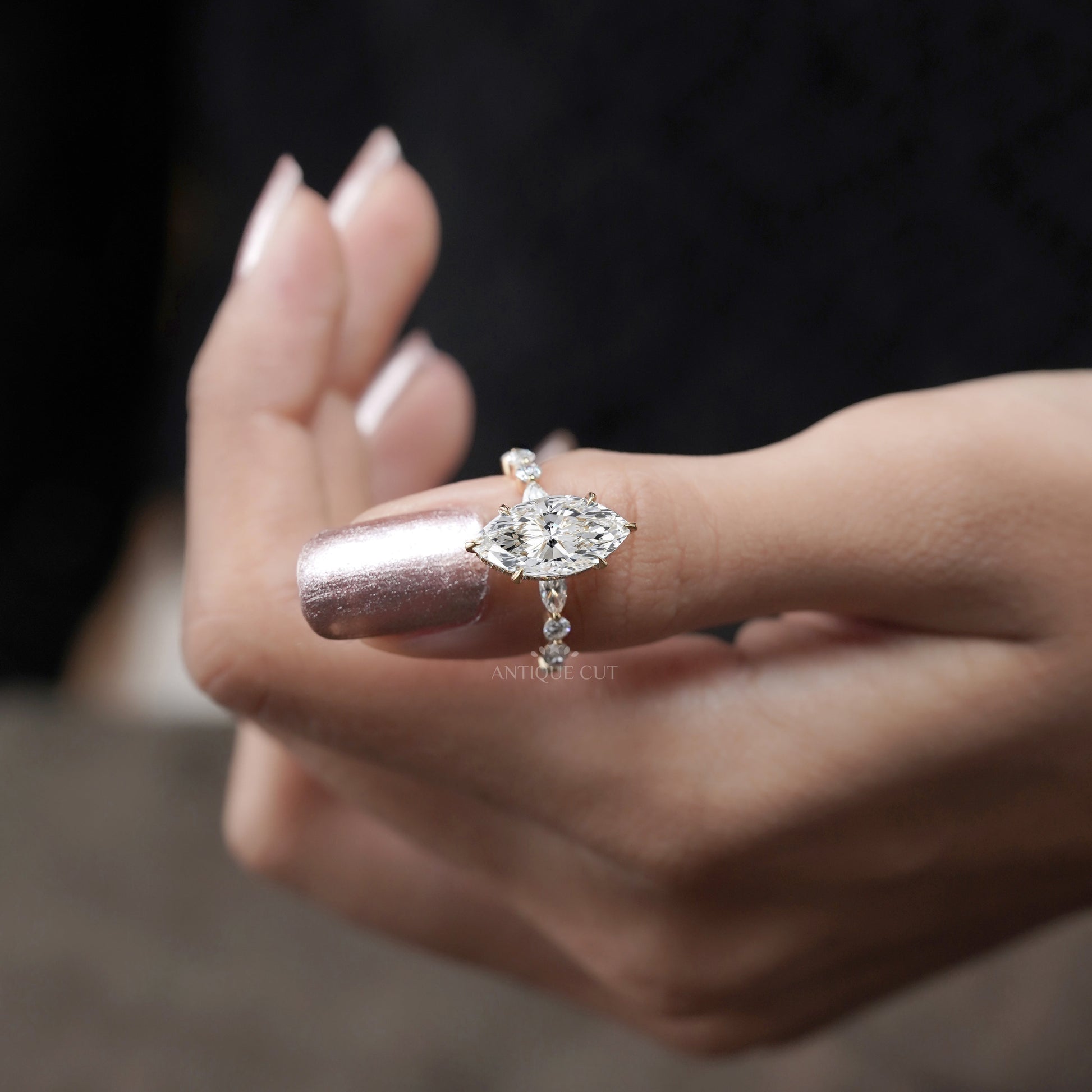 Marquise 4.00tcw Lab Grown Diamond Engagement Ring | IGI Certified | Yellow Gold | Unique Diamond Band